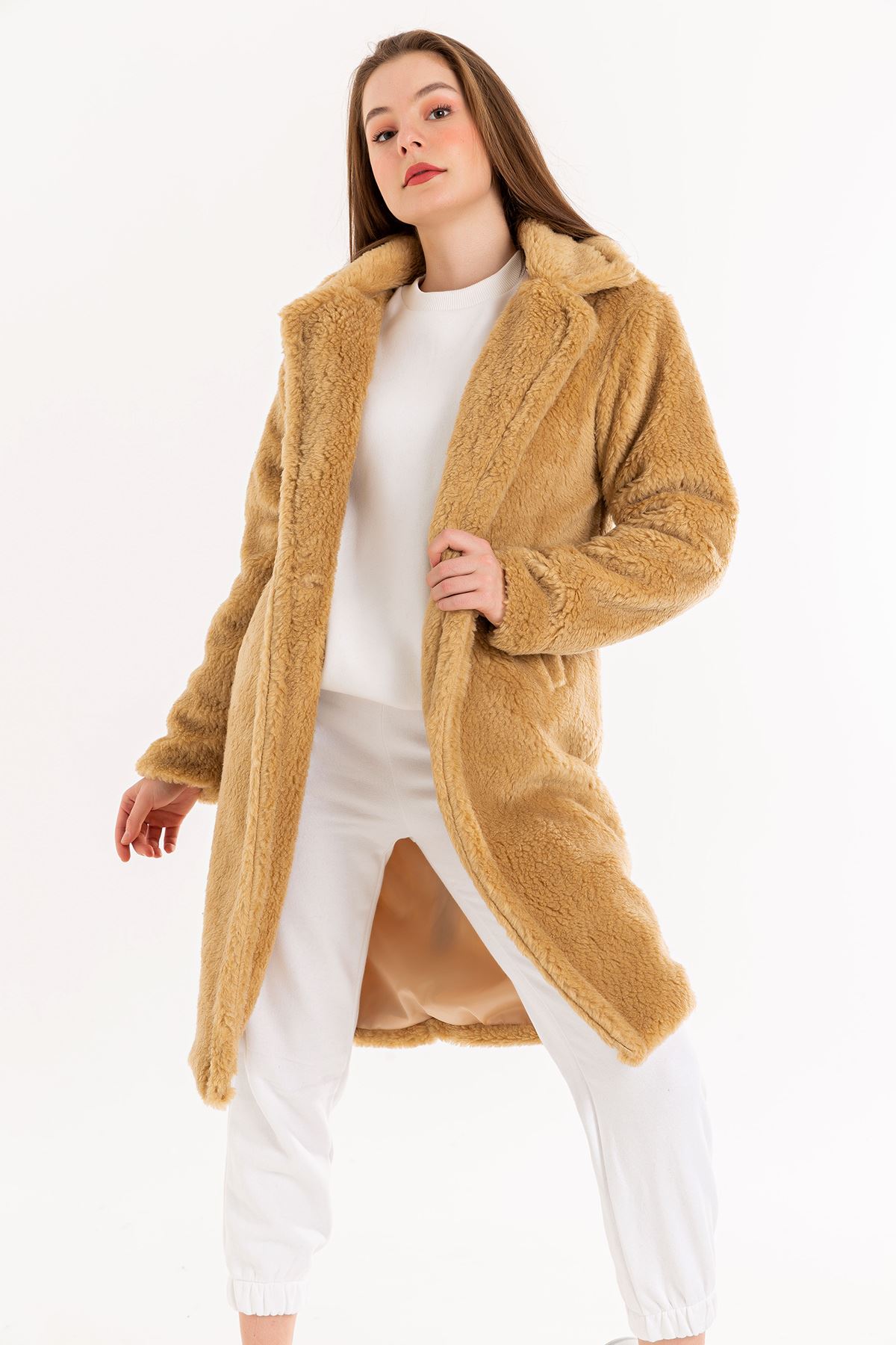Teddy Fabric Long Sleeve Rever Collar Long Comfy Women'S Coat - Light Brown