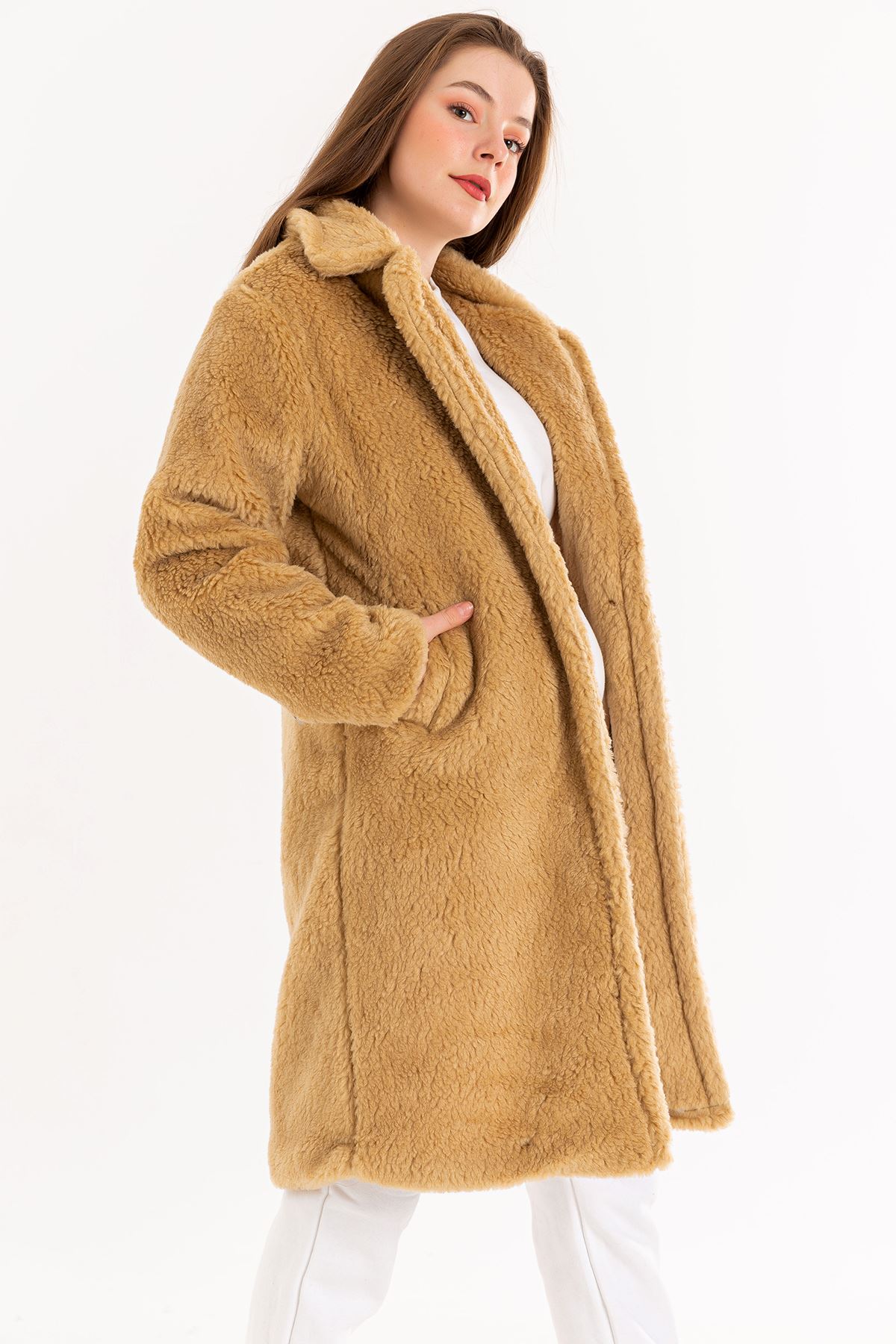 Teddy Fabric Long Sleeve Rever Collar Long Comfy Women'S Coat - Light Brown
