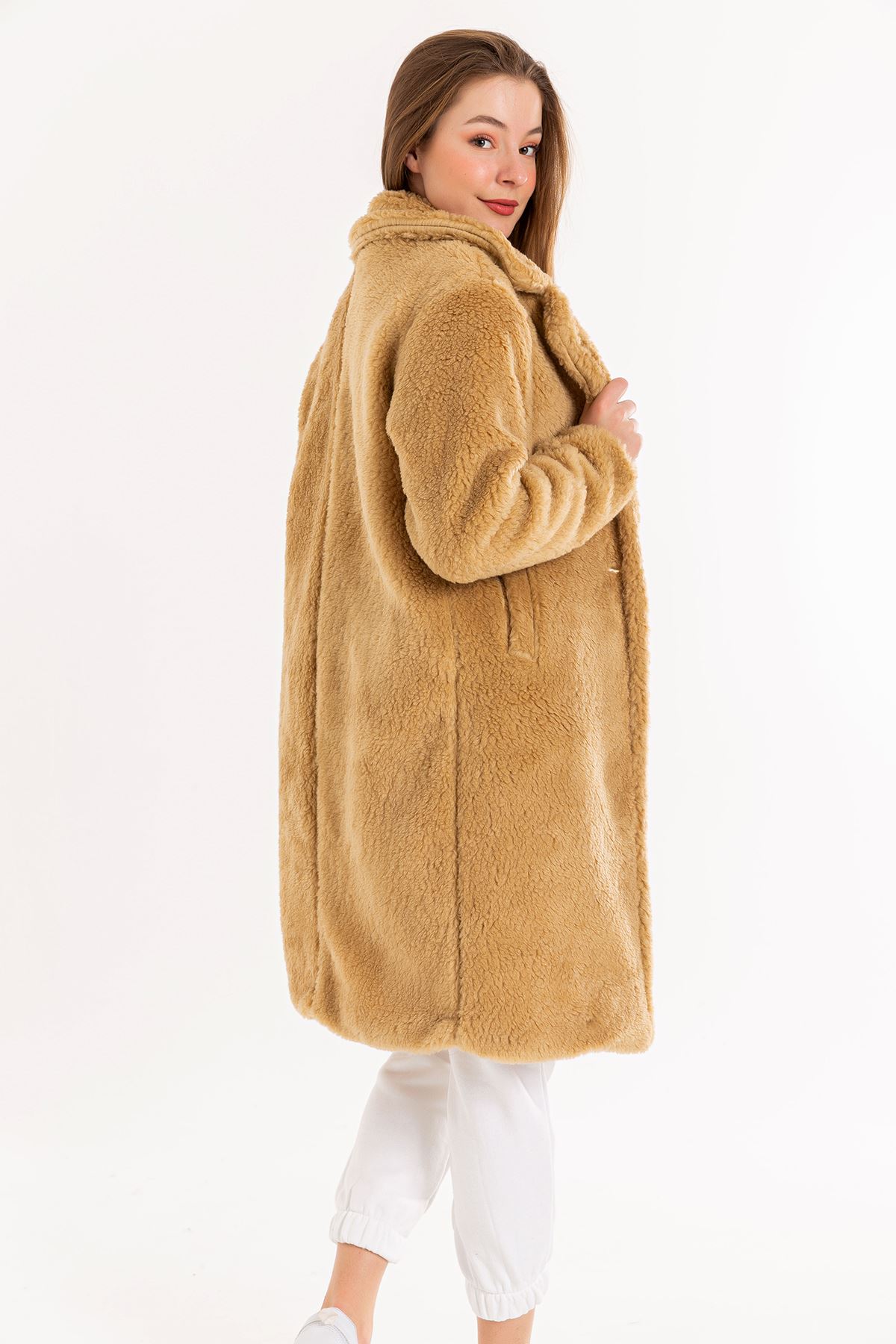 Teddy Kumaş Ceket Yaka Uzun Boy Rahat Kalıp Kadın Kaban-Camel