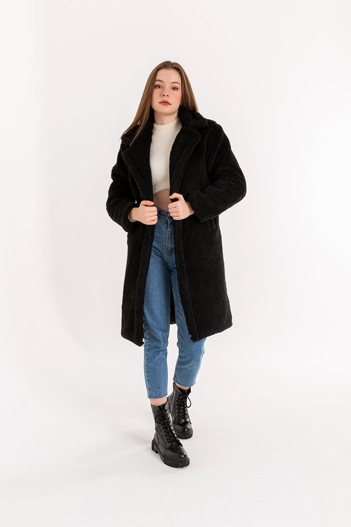 Teddy Fabric Long Sleeve Rever Collar Long Comfy Women'S Coat - Black