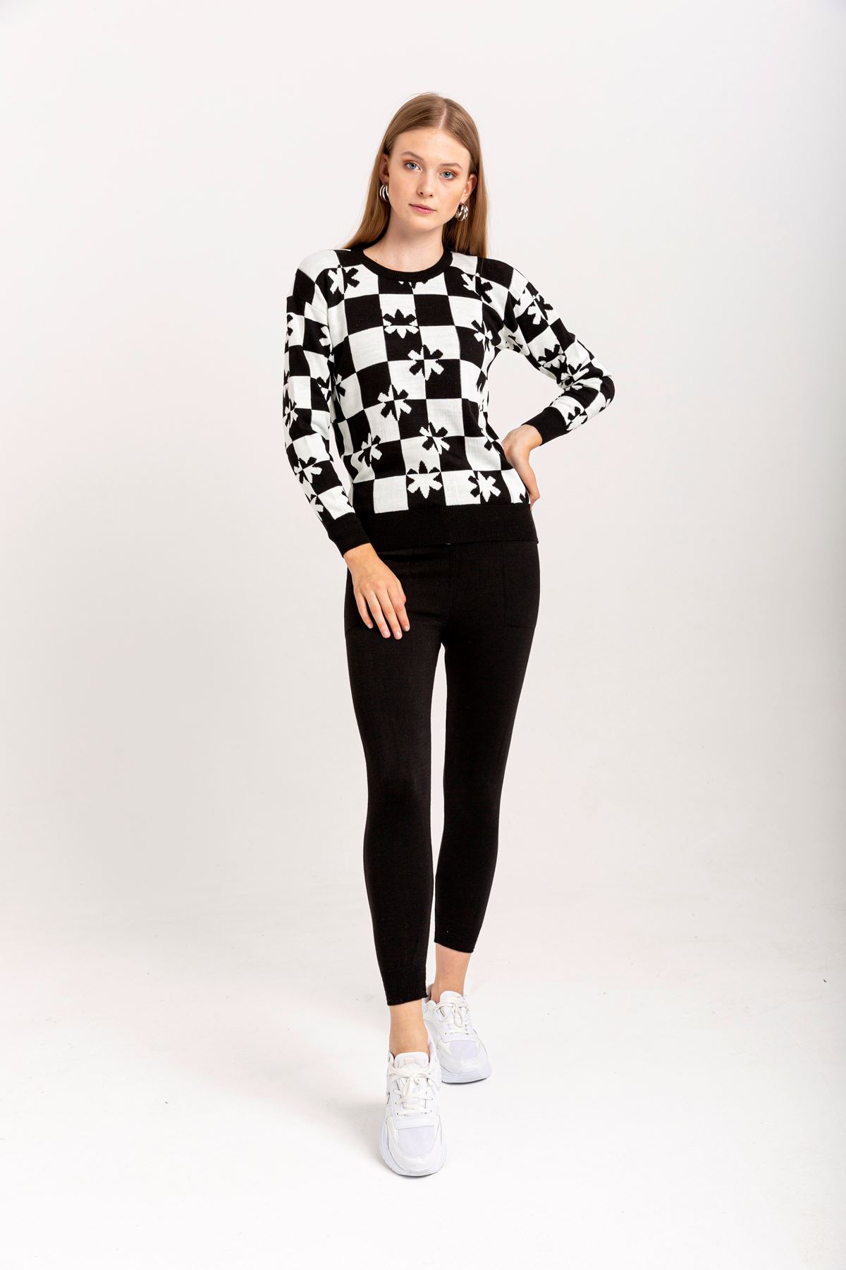 Knitwear Fabric Long Sleeve Bicycle Collar Checkerboard Print Women'S Knitwear Set 2 Pieces - Black