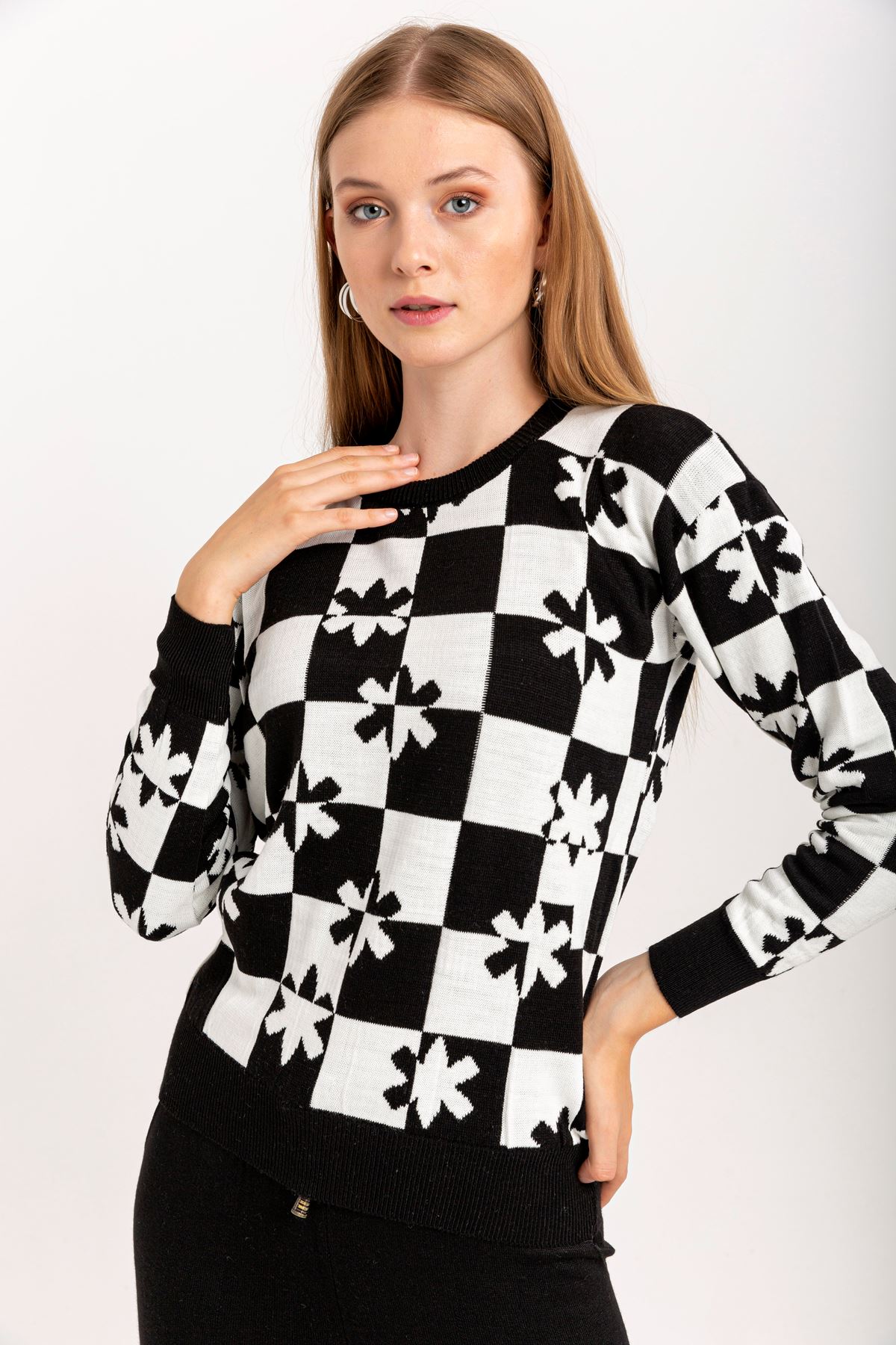 Knitwear Fabric Long Sleeve Bicycle Collar Checkerboard Print Women'S Knitwear Set 2 Pieces - Black