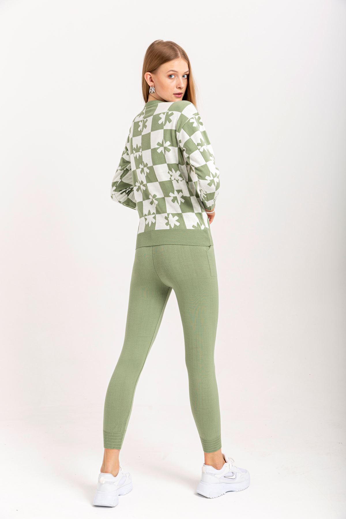 Knitwear Fabric Long Sleeve Bicycle Collar Checkerboard Print Women'S Knitwear Set 2 Pieces - Mint