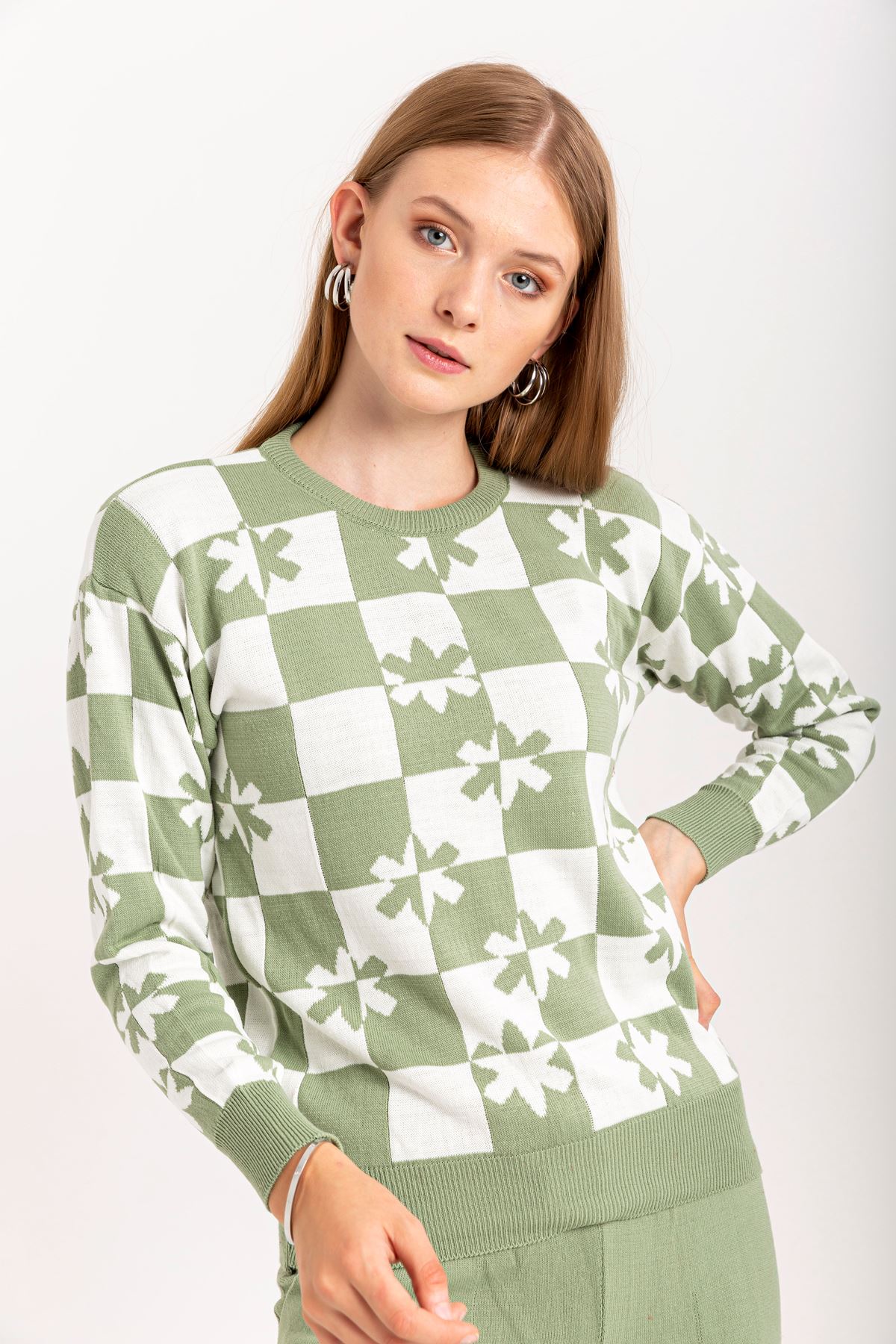 Knitwear Fabric Long Sleeve Bicycle Collar Checkerboard Print Women'S Knitwear Set 2 Pieces - Mint