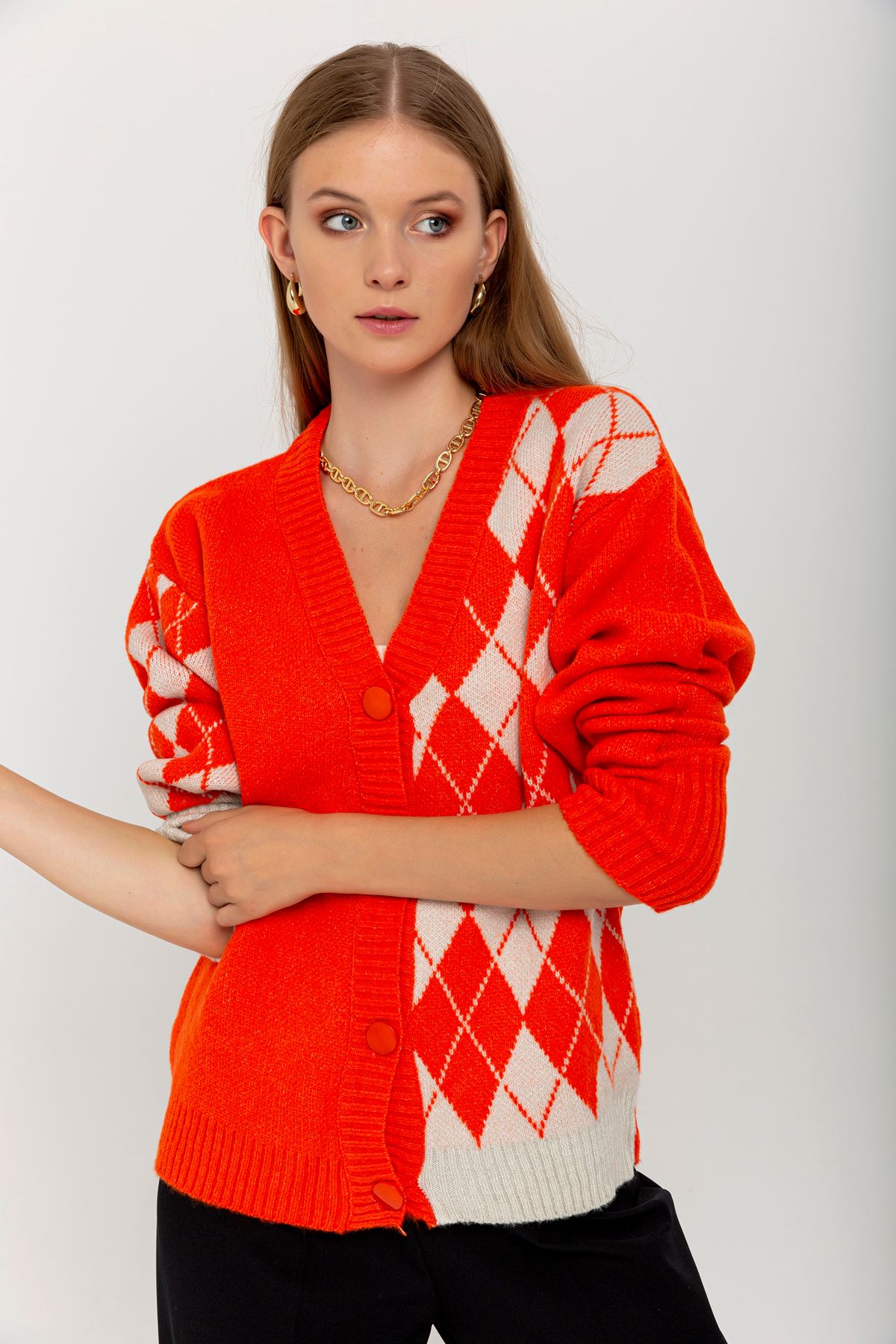 Knitwear Fabric Long Sleeve V-Neck Long Striped Women Cardigan - Orange