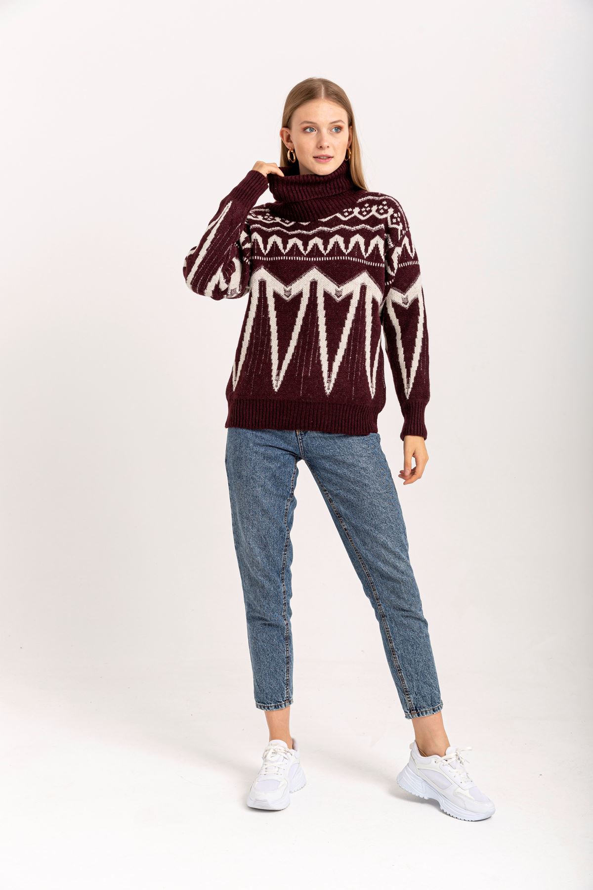 Knitwear Fabric Long Sleeve Turtle Neck Striped Women Sweater - Burgundy