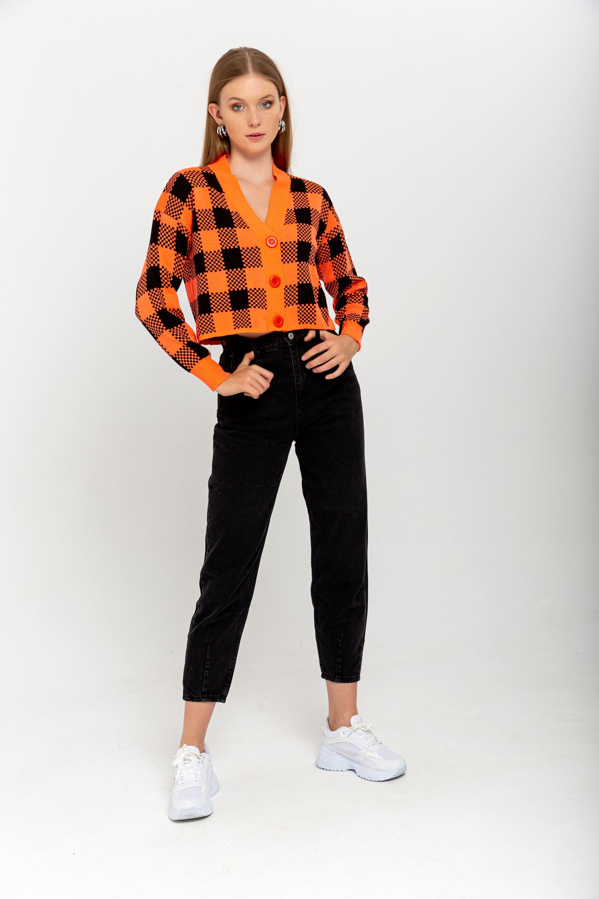 Knitwear Fabric Long Sleeve V-Neck Crop Square Print Women Cardigan - Orange