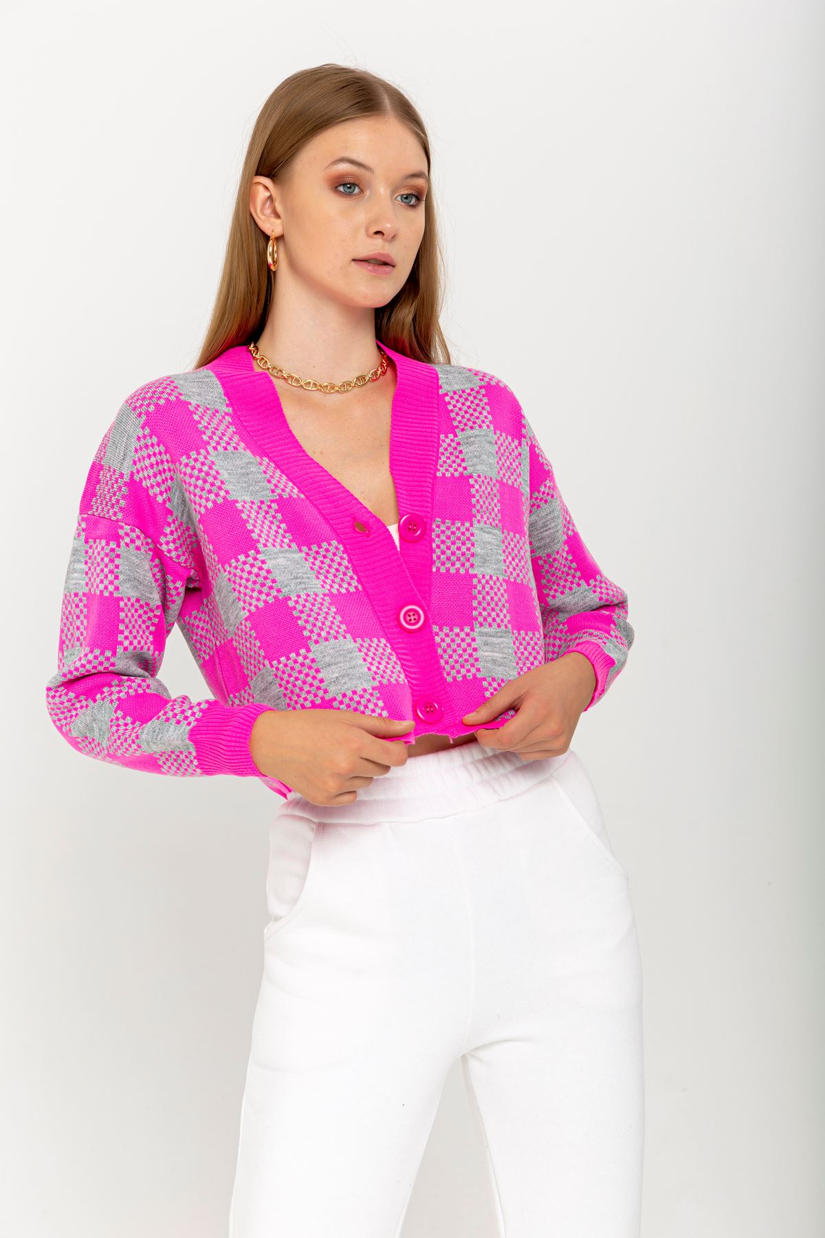 Knitwear Fabric Long Sleeve V-Neck Crop Square Print Women Cardigan - Fuchıa