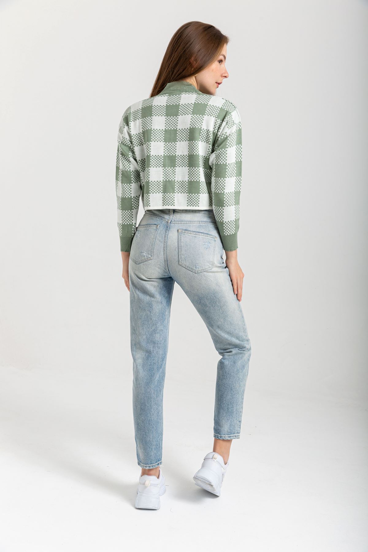 Knitwear Fabric Long Sleeve V-Neck Crop Square Print Women Cardigan - Mint