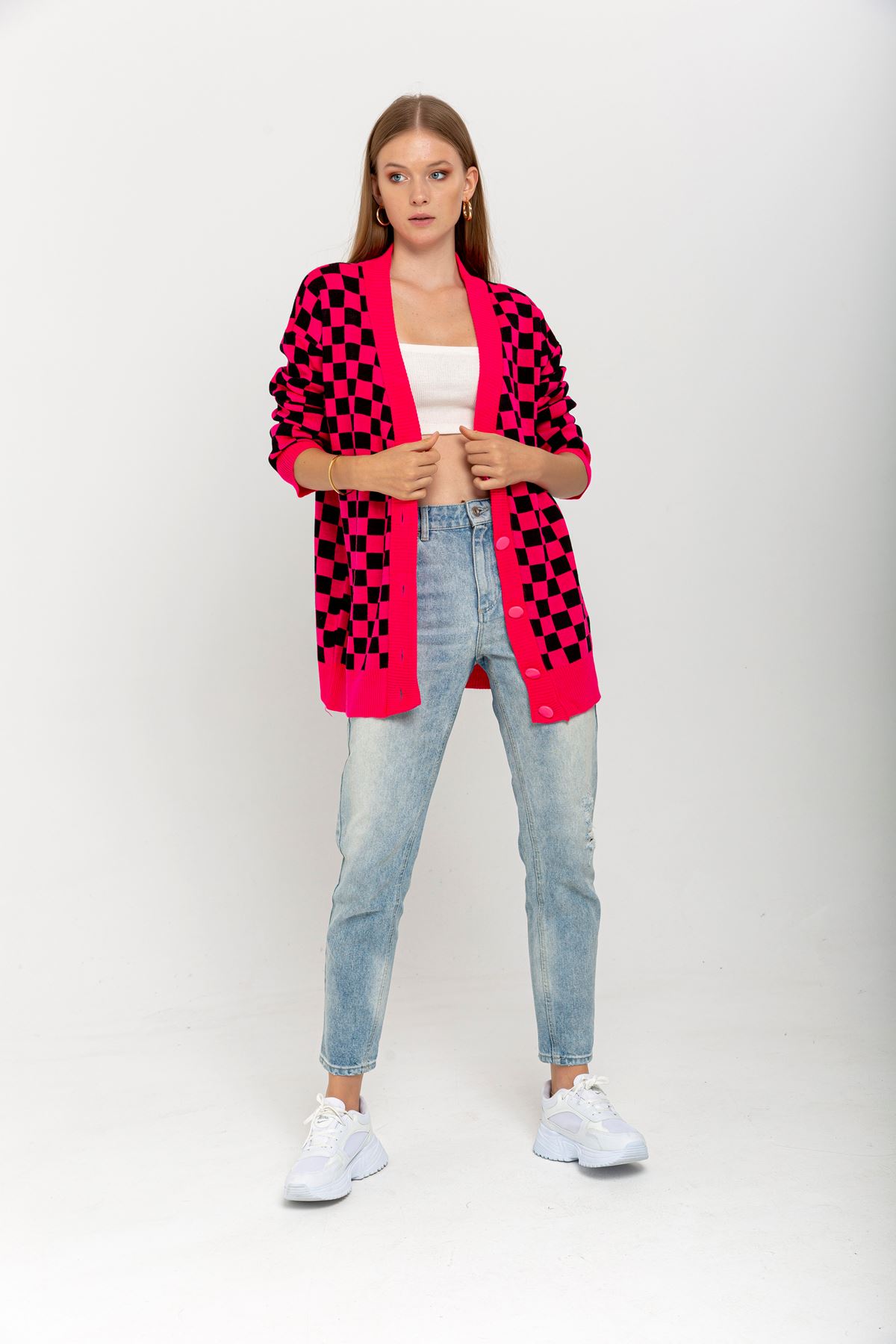 Knitwear Fabric Long Sleeve Without Collar Long Checkerboard Print Women Cardigan - Fuchıa