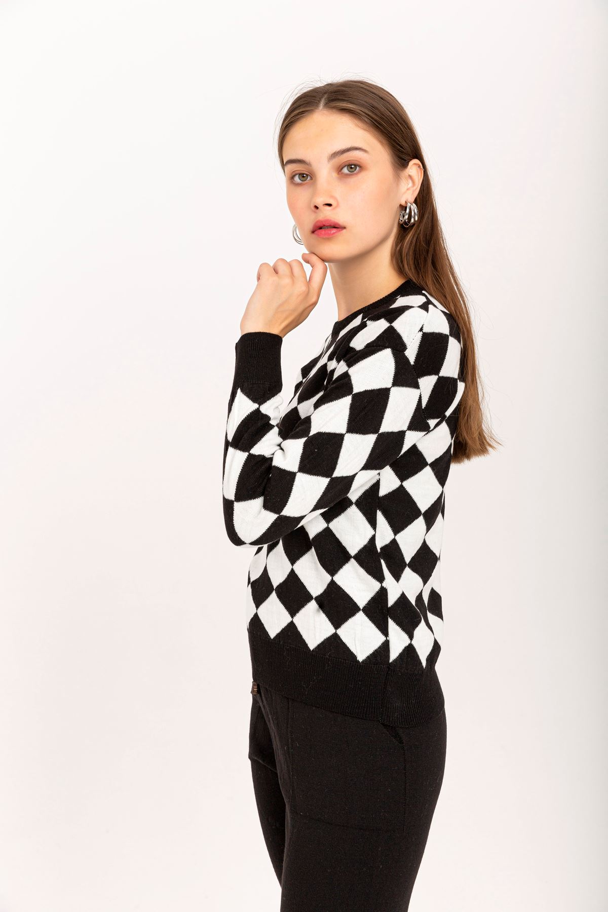 Knitwear Fabric Long Sleeve Bicycle Collar Square Women'S Set 2 Pieces - Black