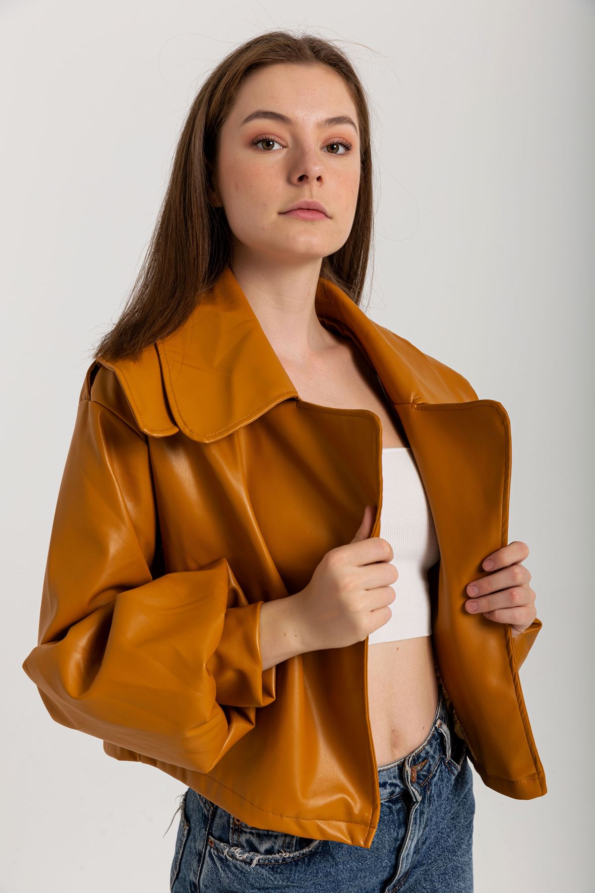 эко кожа ткань ревер воротник женский пиджак - Коричневый
