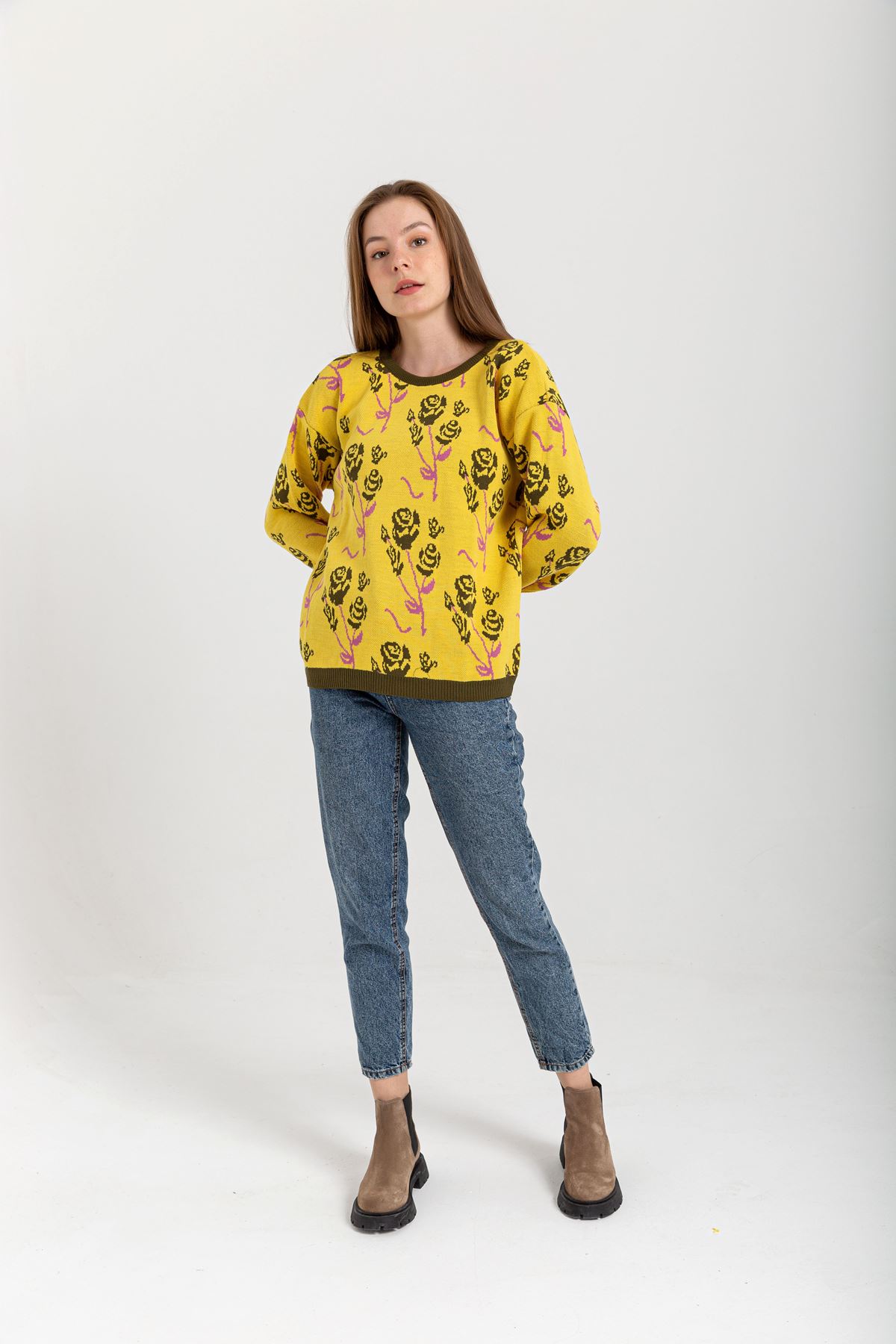 Knitwear Fabric Long Sleeve Bicycle Collar Floral Print Women Sweater - Yellow