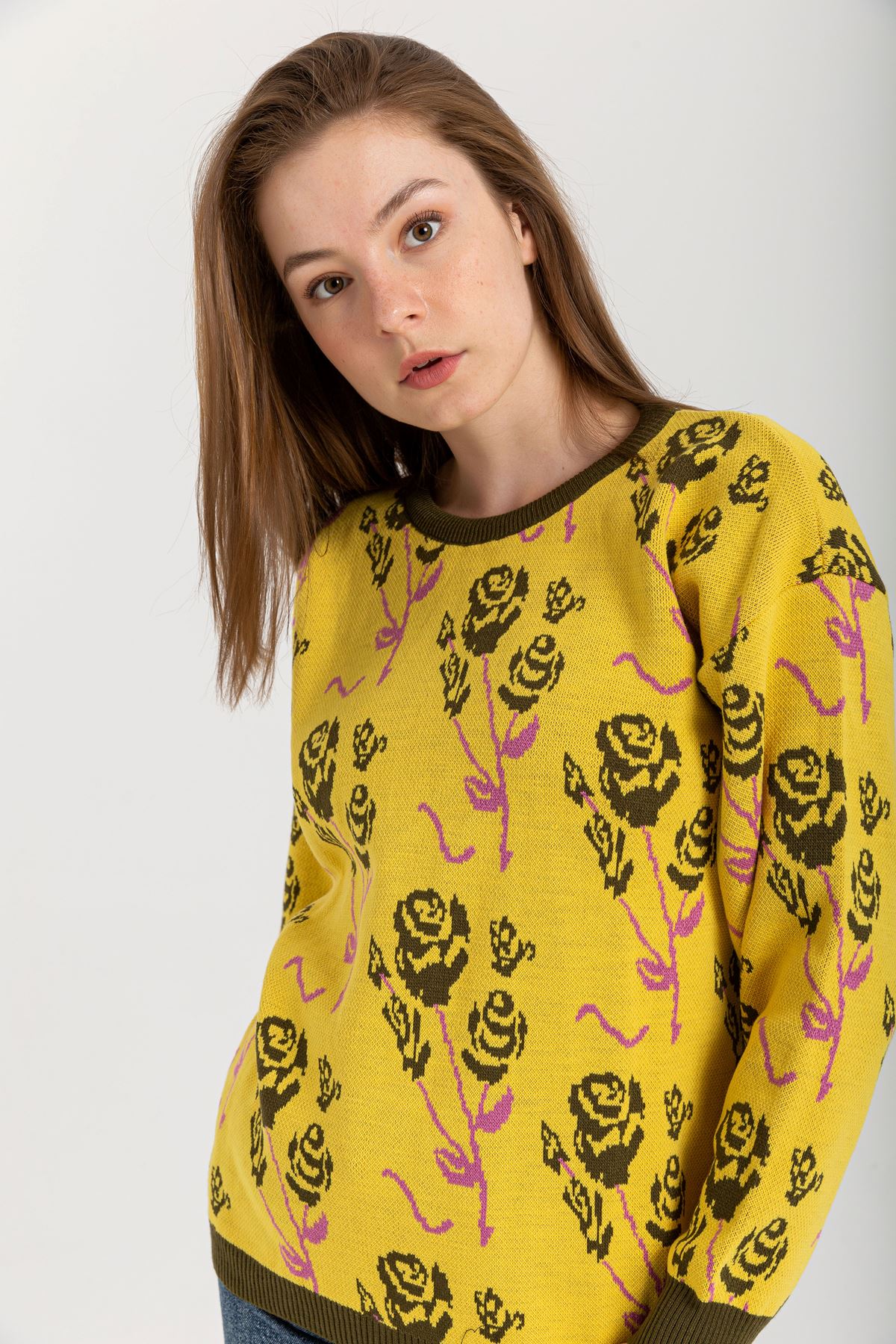 Knitwear Fabric Long Sleeve Bicycle Collar Floral Print Women Sweater - Yellow