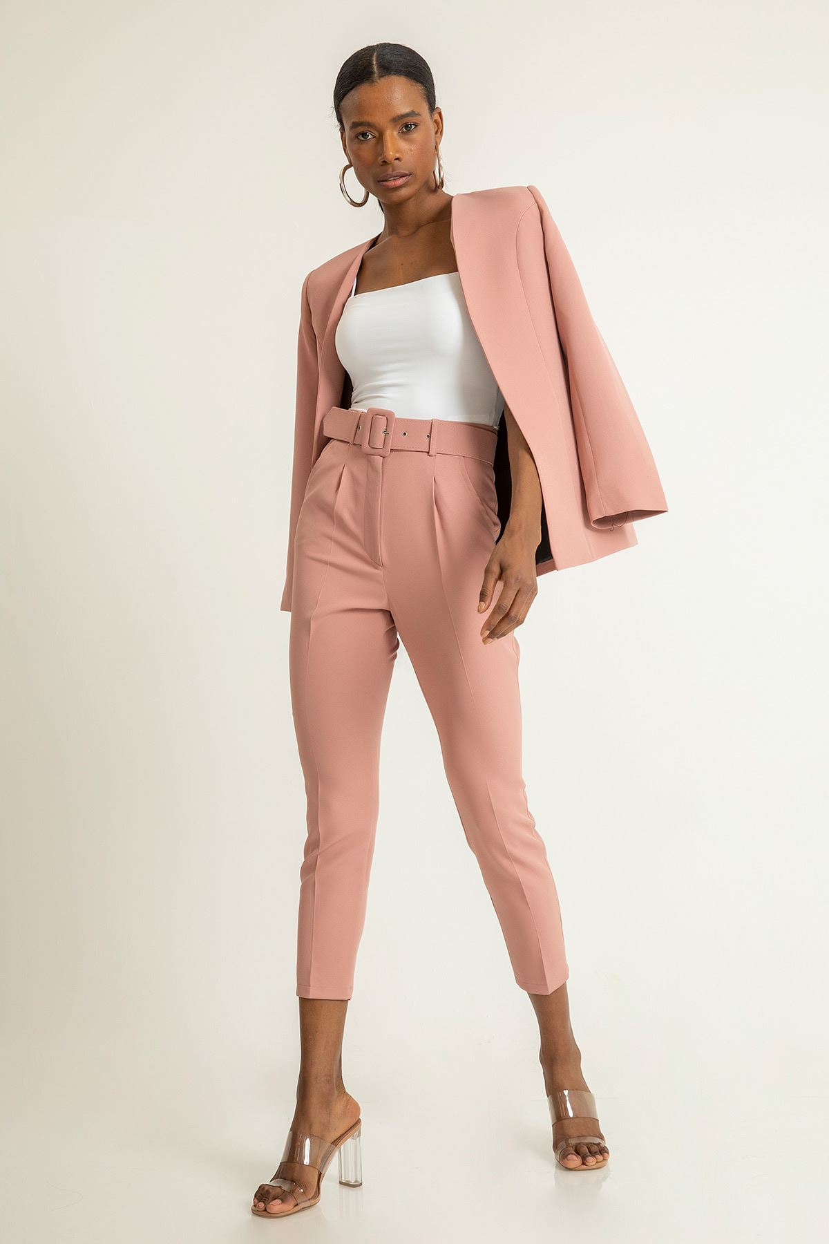 Atlas Fabric Ankle Length Tight Fit Women'S Trouser With Belt - Light Pink