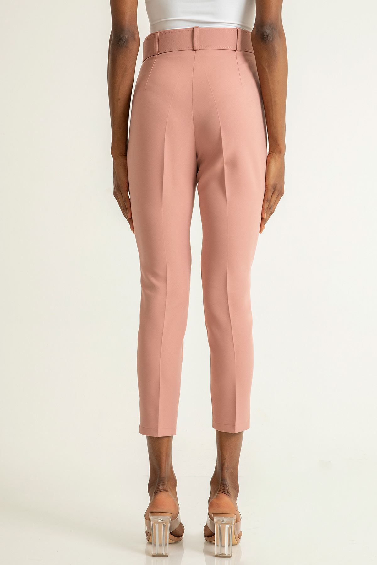 Atlas Fabric Ankle Length Tight Fit Women'S Trouser With Belt - Light Pink