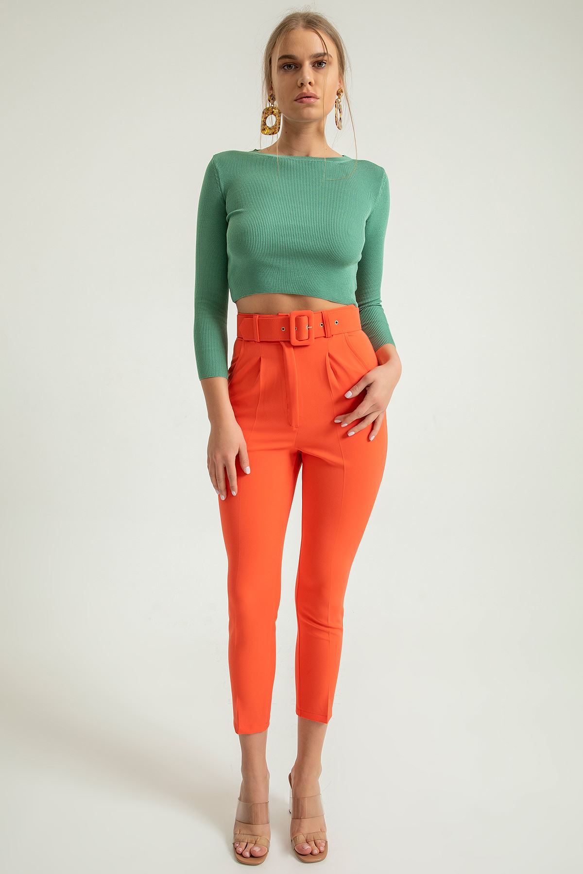 Atlas Fabric Ankle Length Tight Fit Women'S Trouser With Belt - Coral