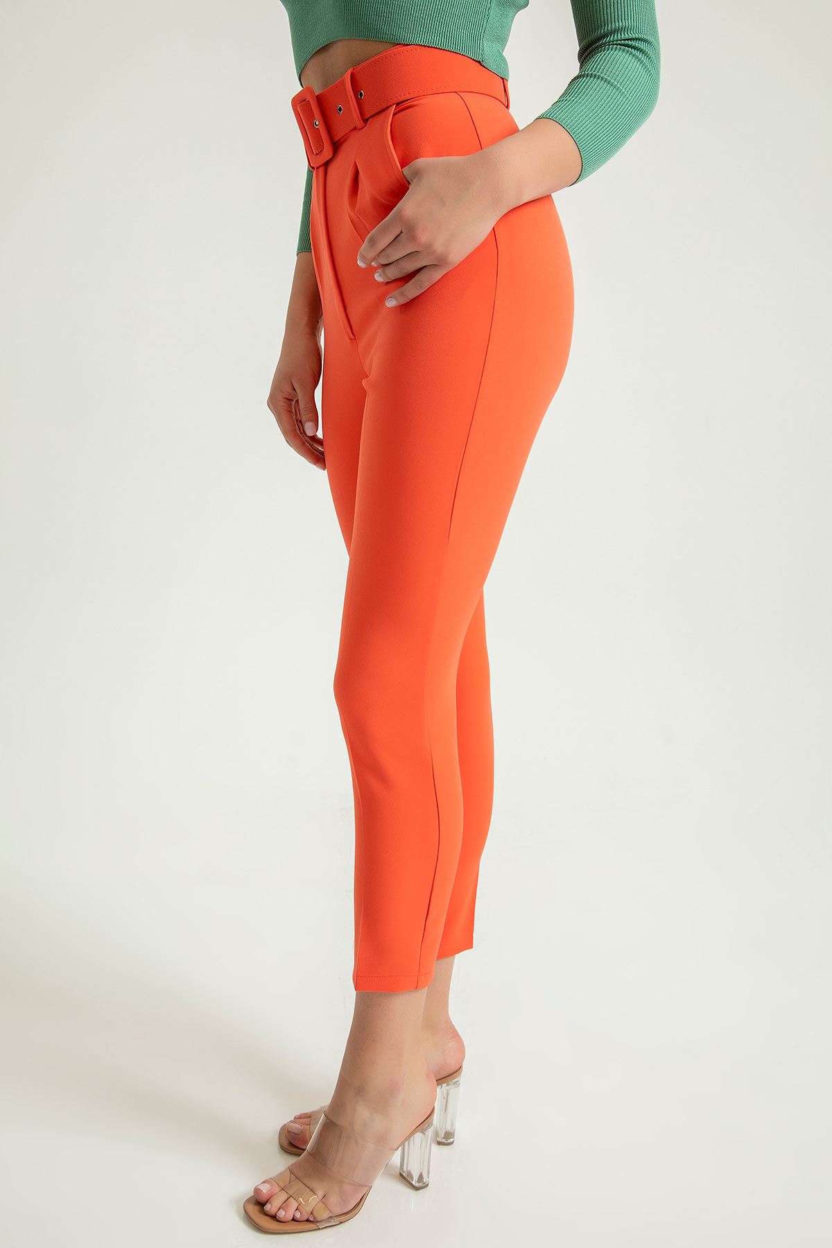 Atlas Fabric Ankle Length Tight Fit Women'S Trouser With Belt - Coral
