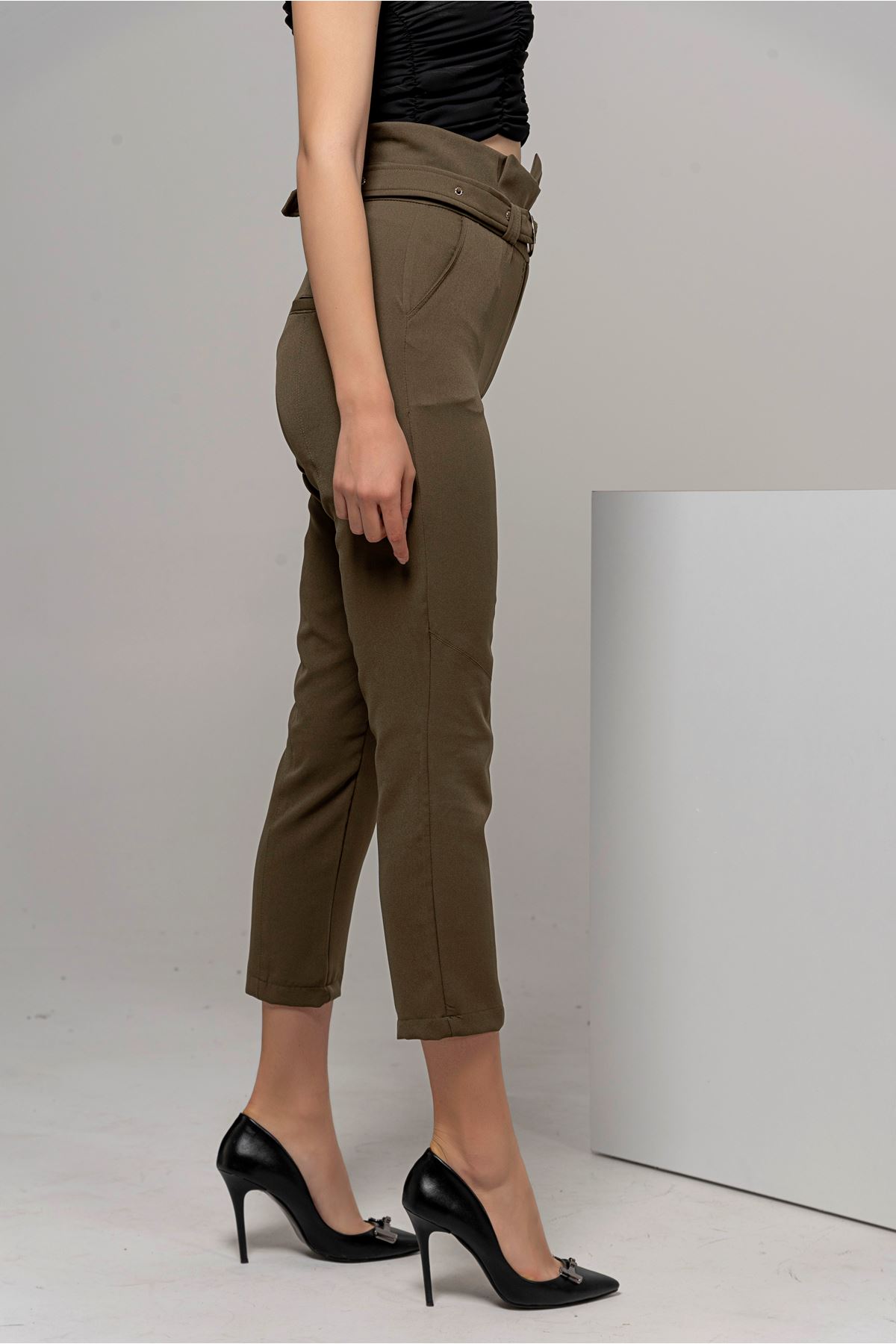 Atlas Kumaş Klasik Yüksel Bel Kadın Pantolon-Haki
