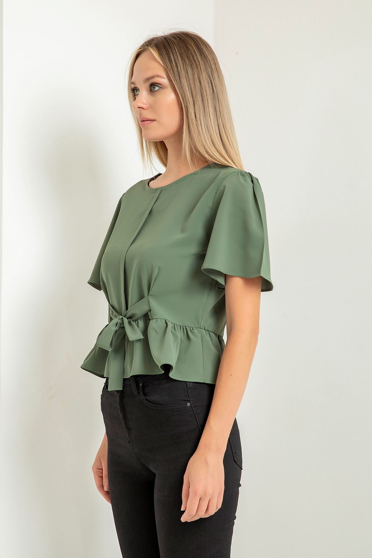 джессика ткань короткая женская блузка с воланами - темно-зеленый