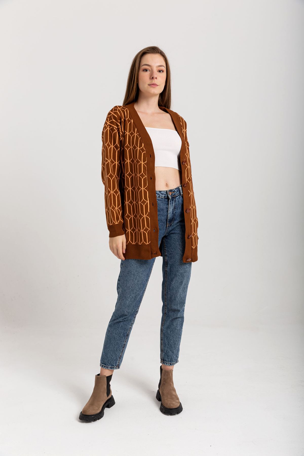 Knitwear Fabric Long Sleeve V-Neck Hip Height Geometric Print Women Cardigan - Light Brown