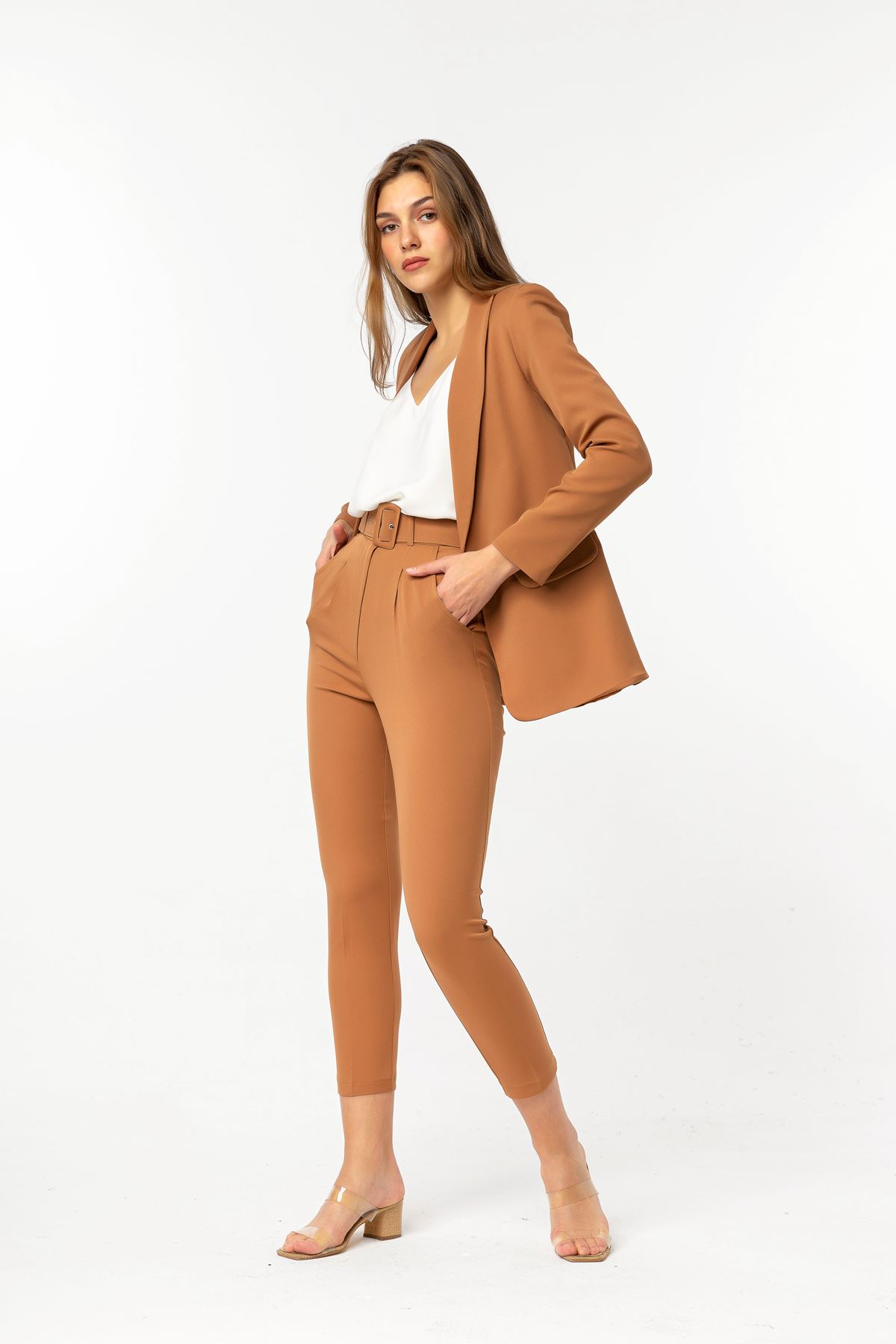 Atlas Fabric Ankle Length Women'S Trouser With Belt - Cinnamon 