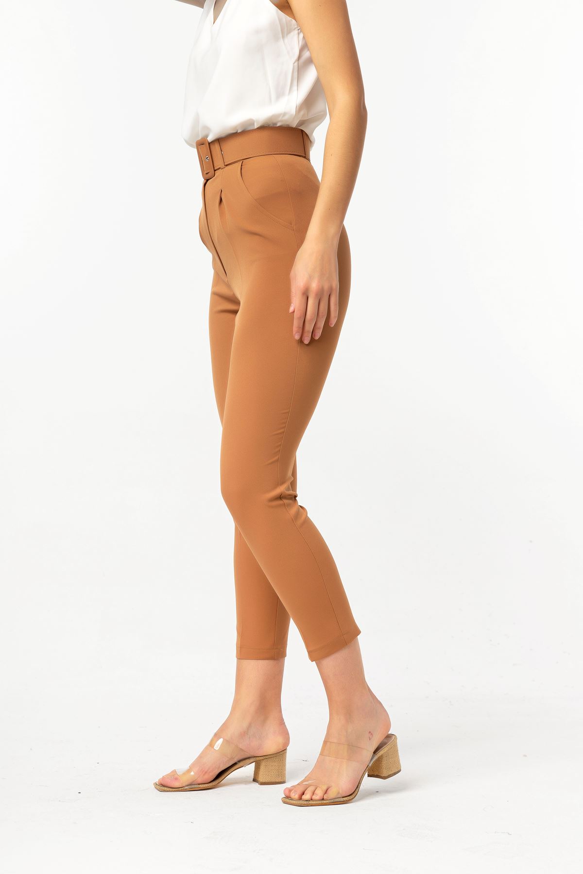 Atlas Fabric Ankle Length Women'S Trouser With Belt - Cinnamon 
