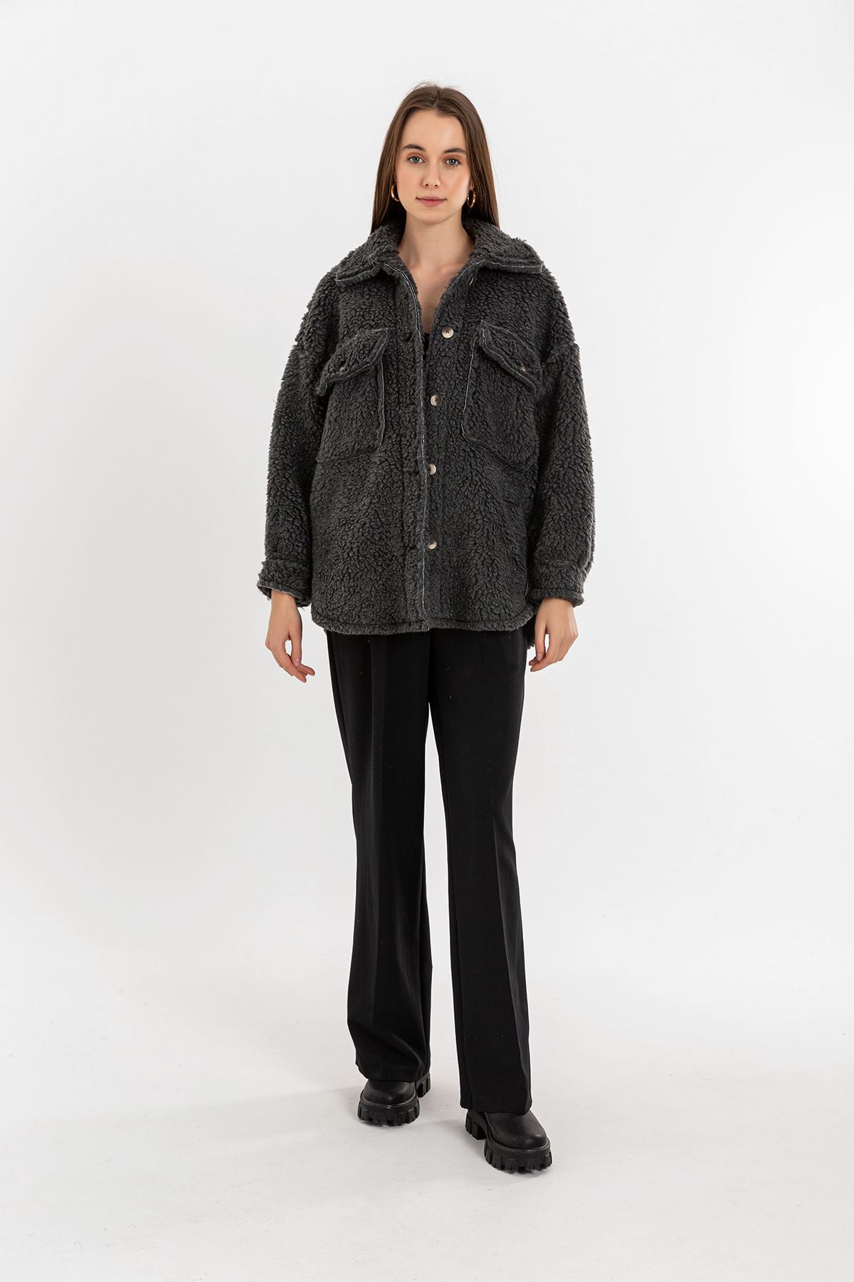 Teddy Fabric Long Sleeve Shirt Collar Short Oversize Women'S Coat - Anthracite 