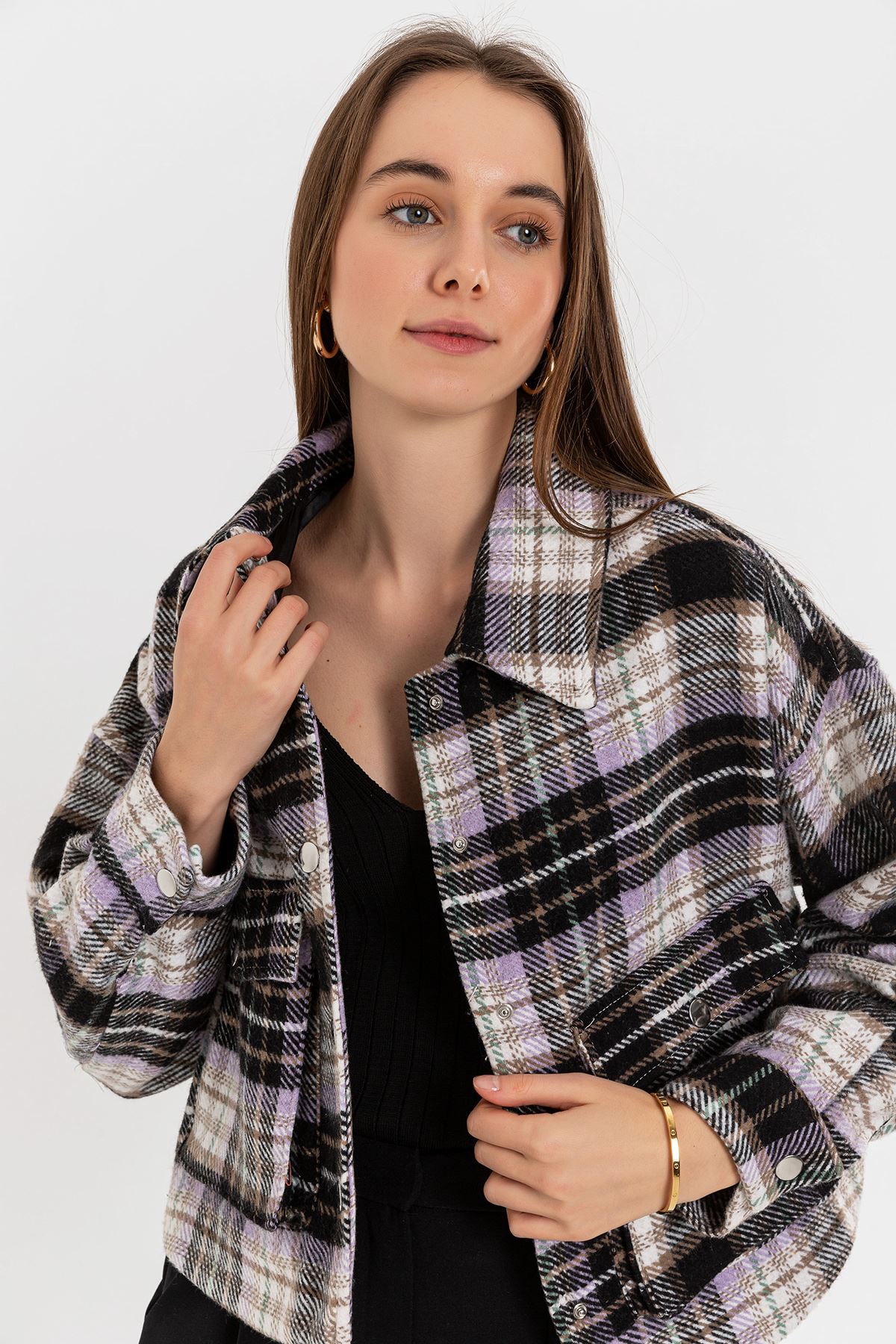 Oduncu Kumaş Uzun Kol Gömlek Yaka Oversize/Salaş Ekose Kadın Ceket-Lila