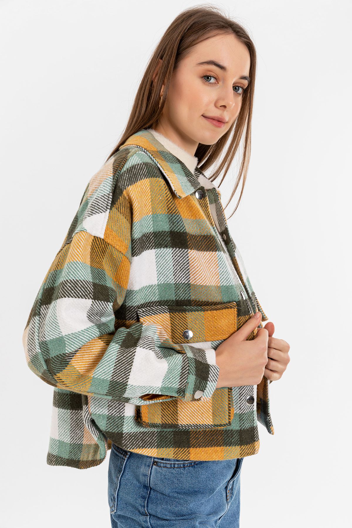 Oduncu Kumaş Uzun Kol Gömlek Yaka Oversize/Salaş Ekose Kadın Ceket-ÇAĞLA