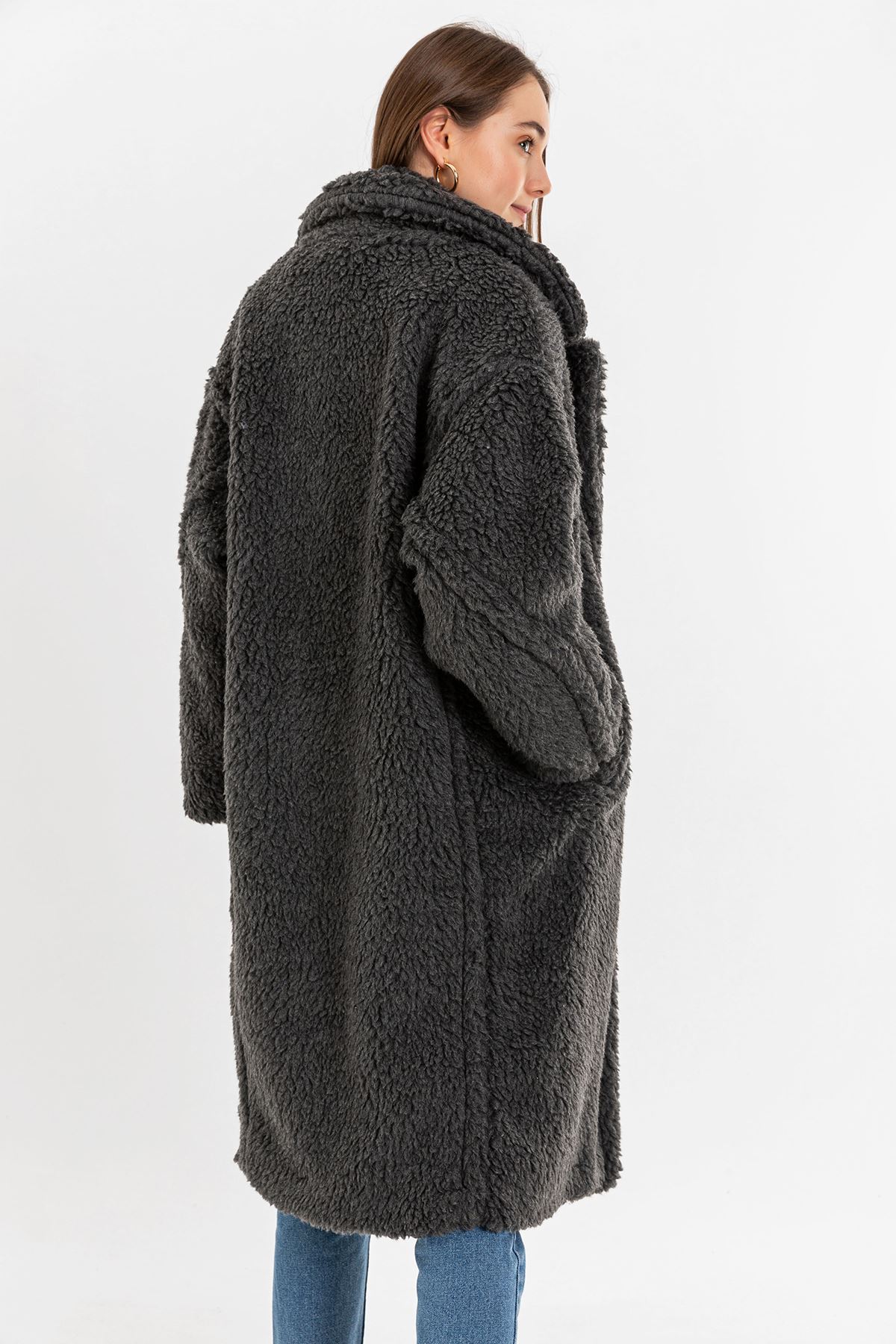 Teddy Kumaş Ceket Yaka Diz Altı Boy Oversize/Salaş Kadın Kaban-Antrasit