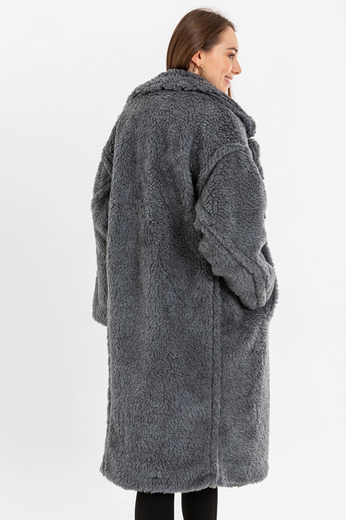 Teddy Kumaş Ceket Yaka Diz Altı Boy Oversize/Salaş Kadın Kaban-Gri