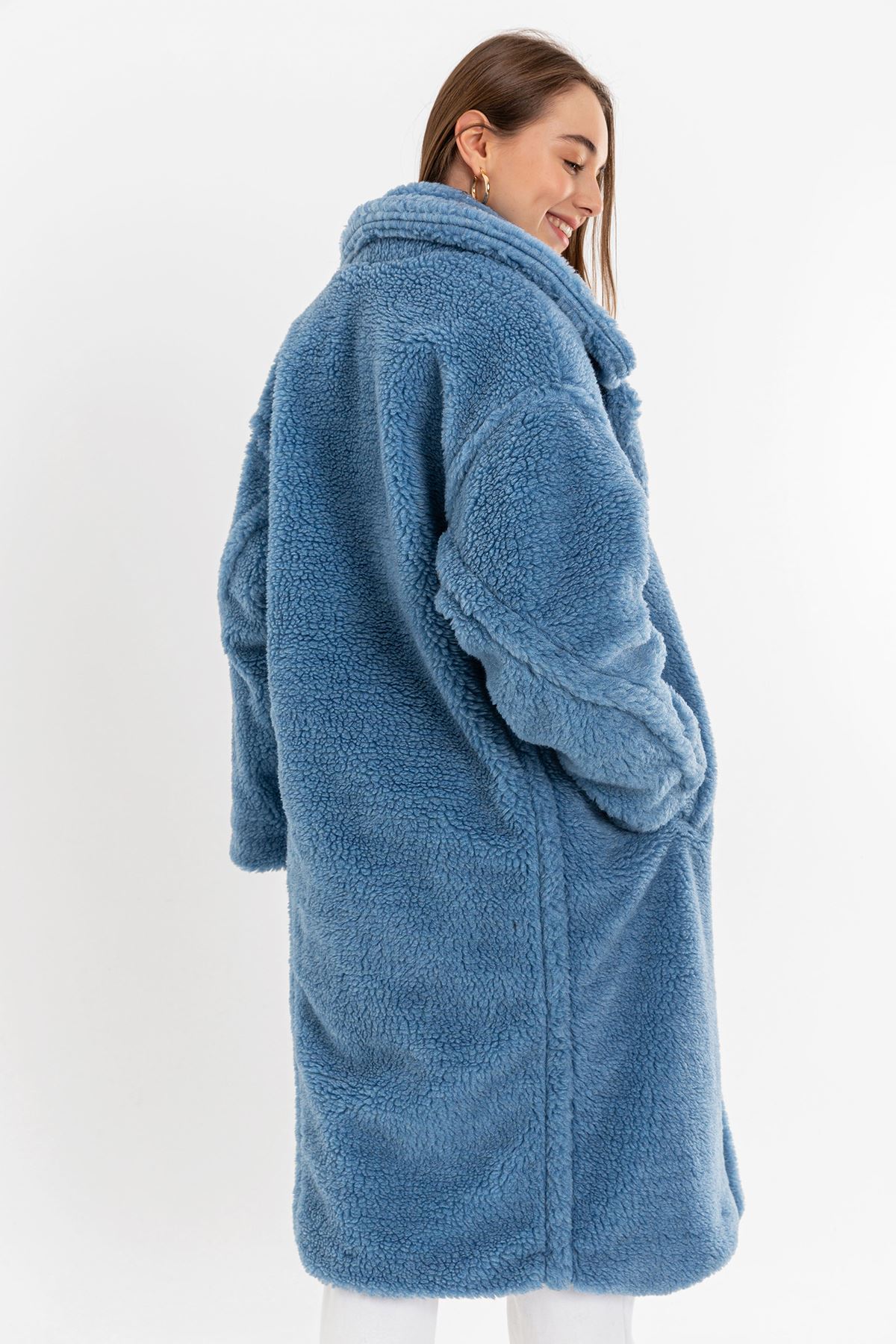 Teddy Kumaş Ceket Yaka Diz Altı Boy Oversize/Salaş Kadın Kaban-Mavi
