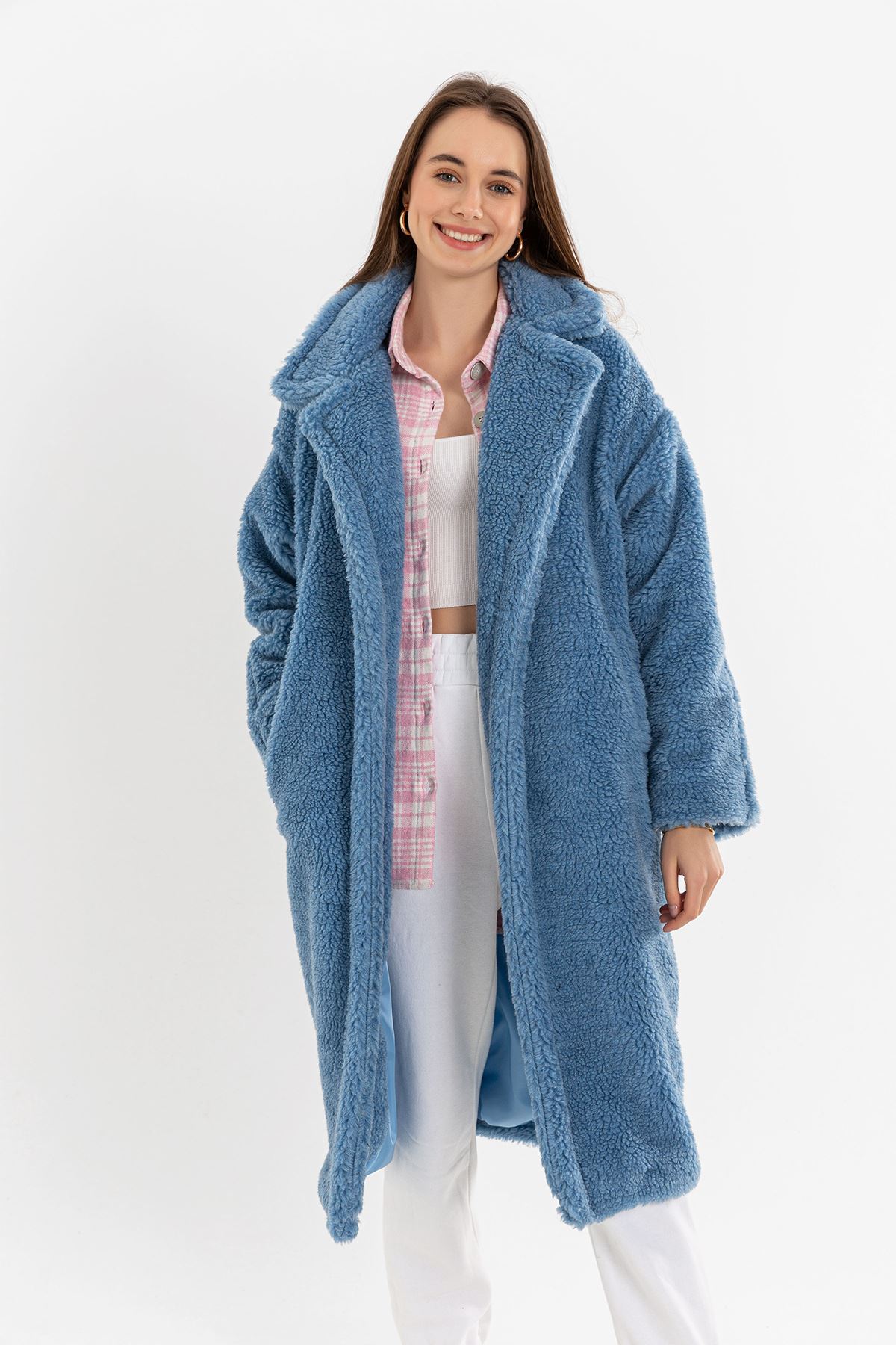 Teddy Kumaş Ceket Yaka Diz Altı Boy Oversize/Salaş Kadın Kaban-Mavi