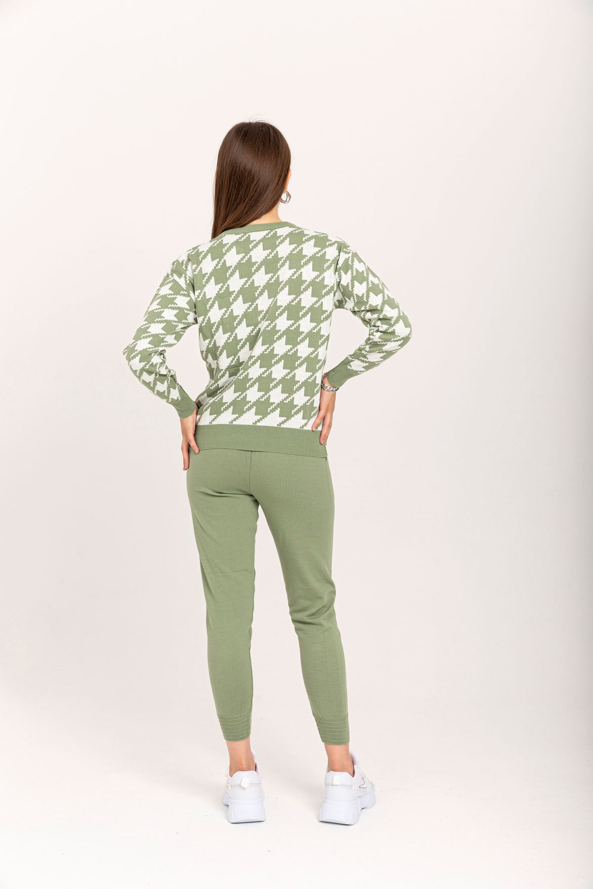 Knitwear Fabric Long Sleeve Bicycle Collar Houndstooth Women'S Set