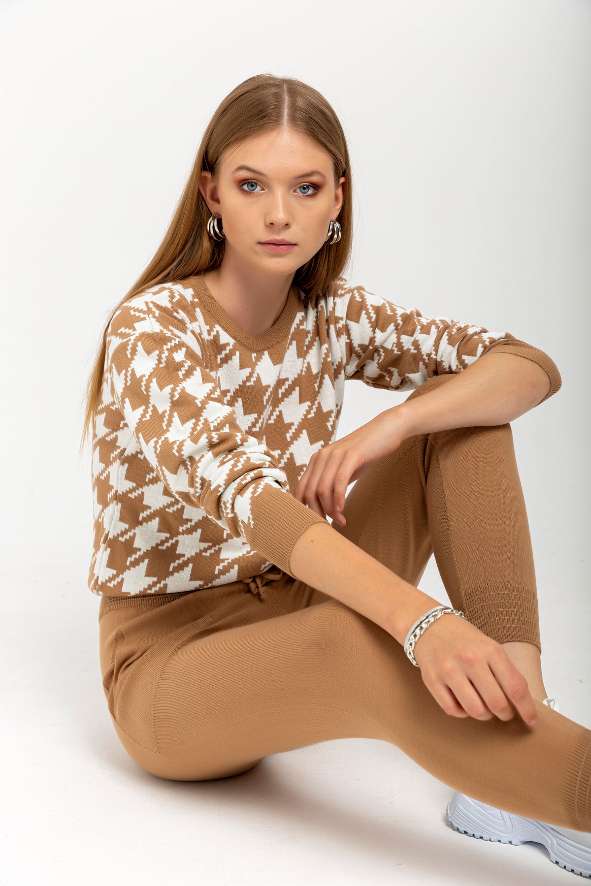 Knitwear Fabric Long Sleeve Bicycle Collar Houndstooth Women'S Set