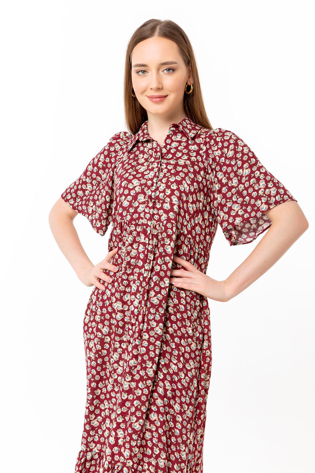 Viscose Fabric Short Sleeve Midi Oversize Flower Print Women Dress - Burgundy