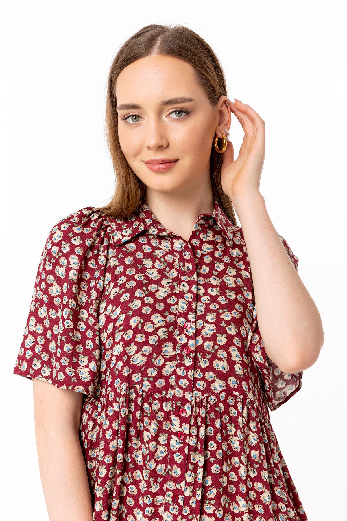 فستان نسائي قماش فيسكون ذراع قصير طوق القميص ميدي حجم كبير نمط زهرة - Burgundy