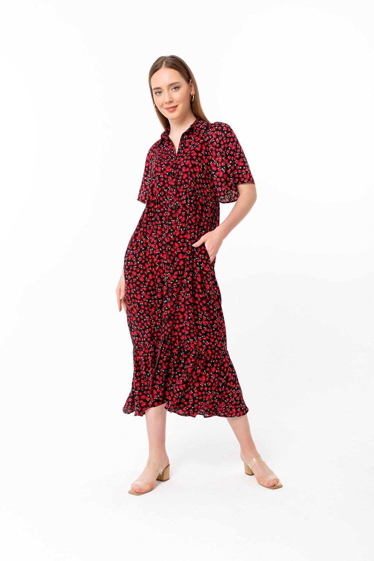 Viscose Fabric Short Sleeve Midi Oversize Flower Print Women Dress - Black