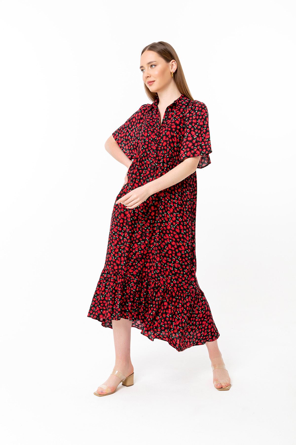 Viscose Fabric Short Sleeve Midi Oversize Flower Print Women Dress - Black
