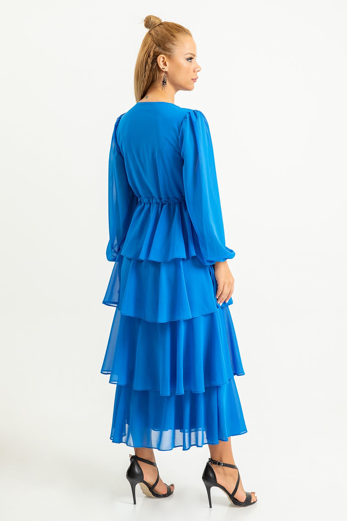 فستان نسائي قماش شيفون ذراع طويلة الياقة V ميدي - ازرق شامي 