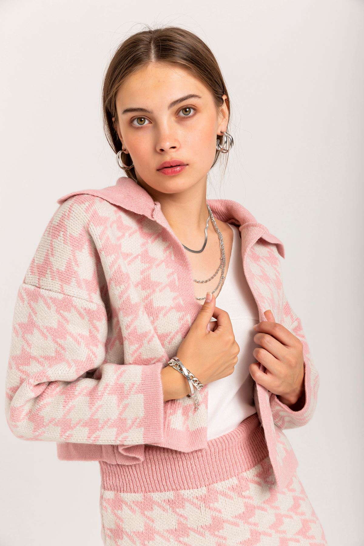 Knitwear Fabric Long Sleeve Rever Collar Houndstooth Women'S Set - Light Pink