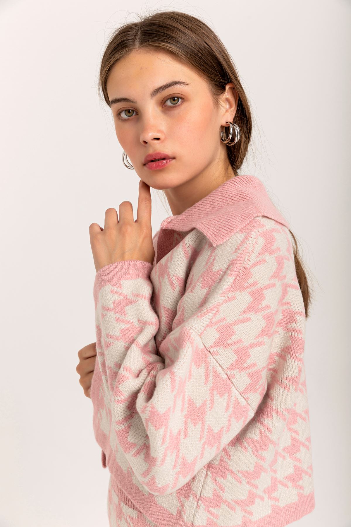 Knitwear Fabric Long Sleeve Rever Collar Houndstooth Women'S Set - Light Pink