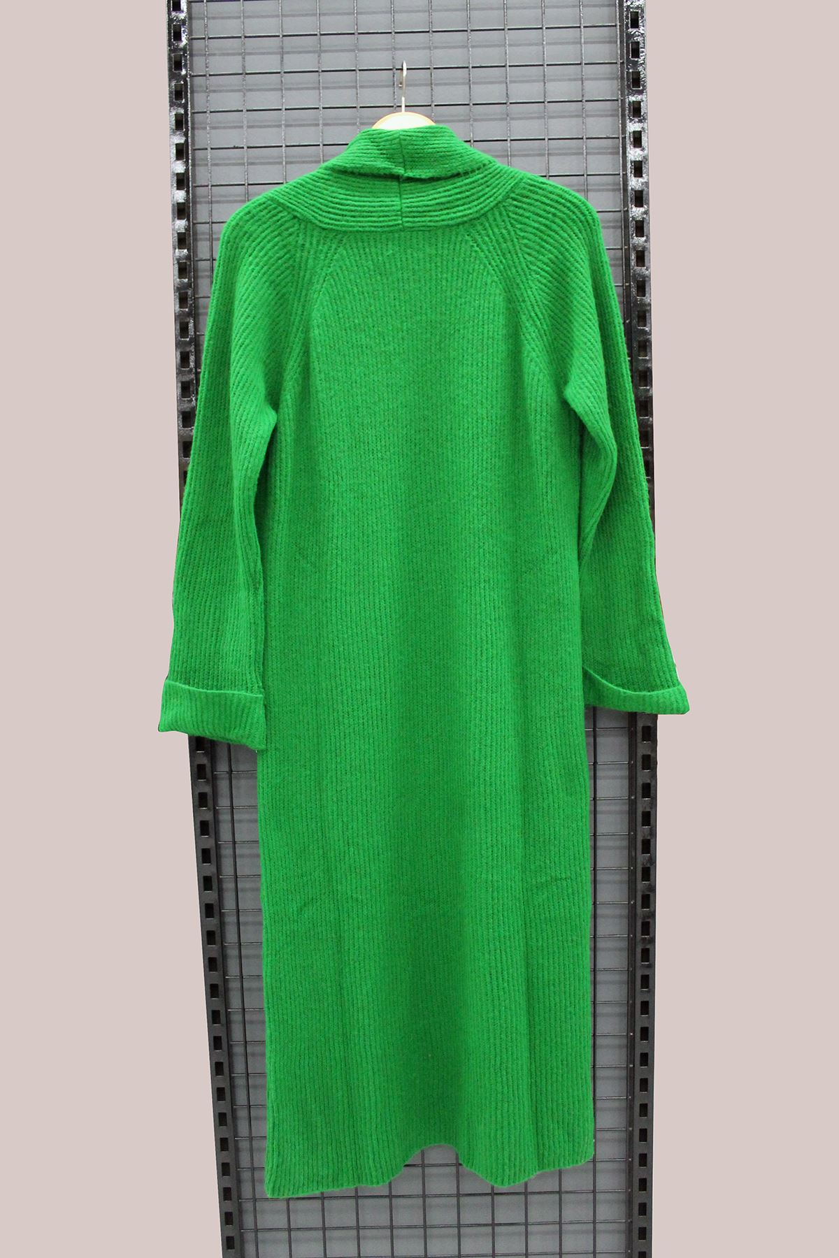 Knitwear Fabric Long Sleeve Revere Collar Long Women Cardigan - Green