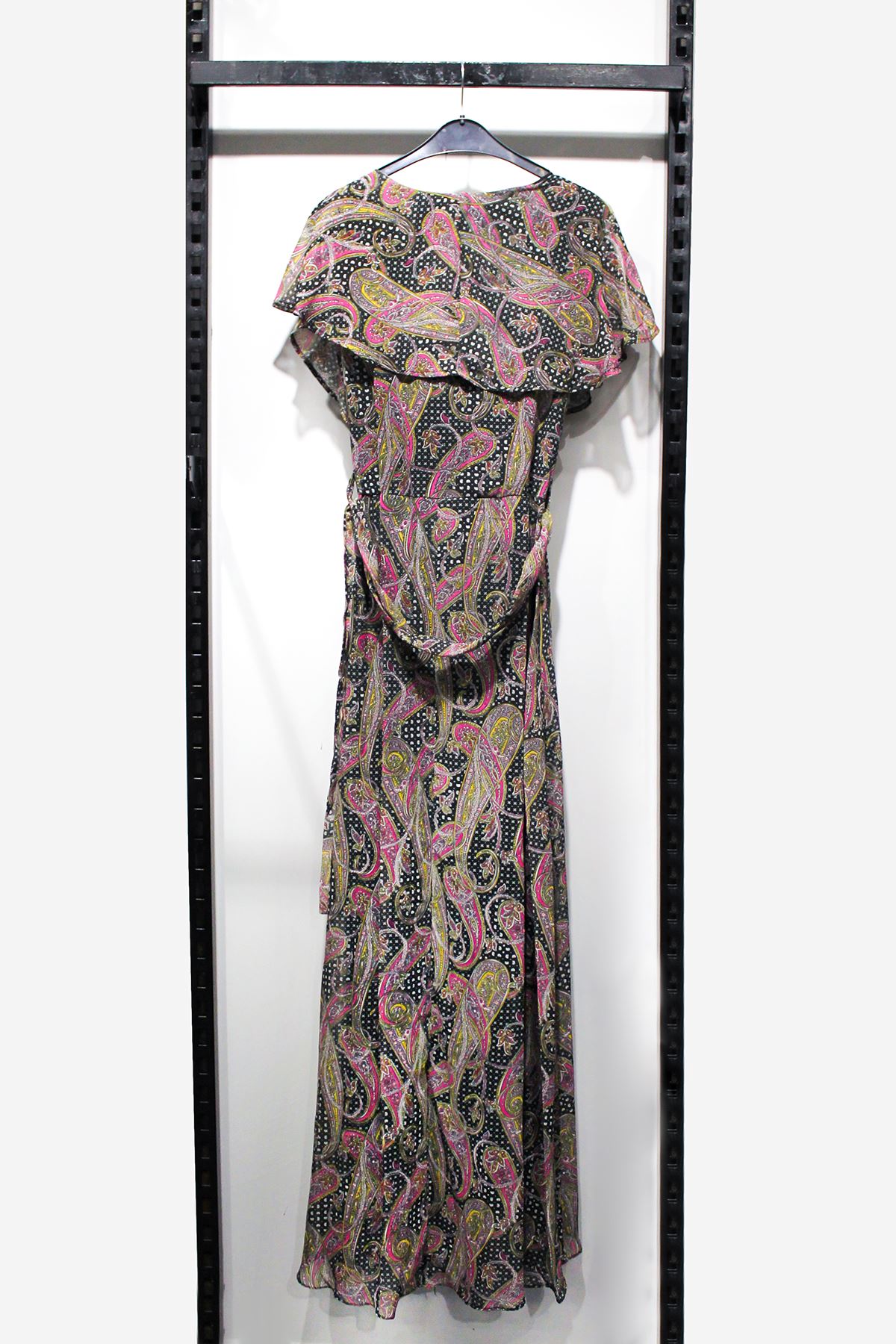 Chiffon Fabric Long Sleeve V-Neck A Cut Scarf Print Women Dress - Anthracite 