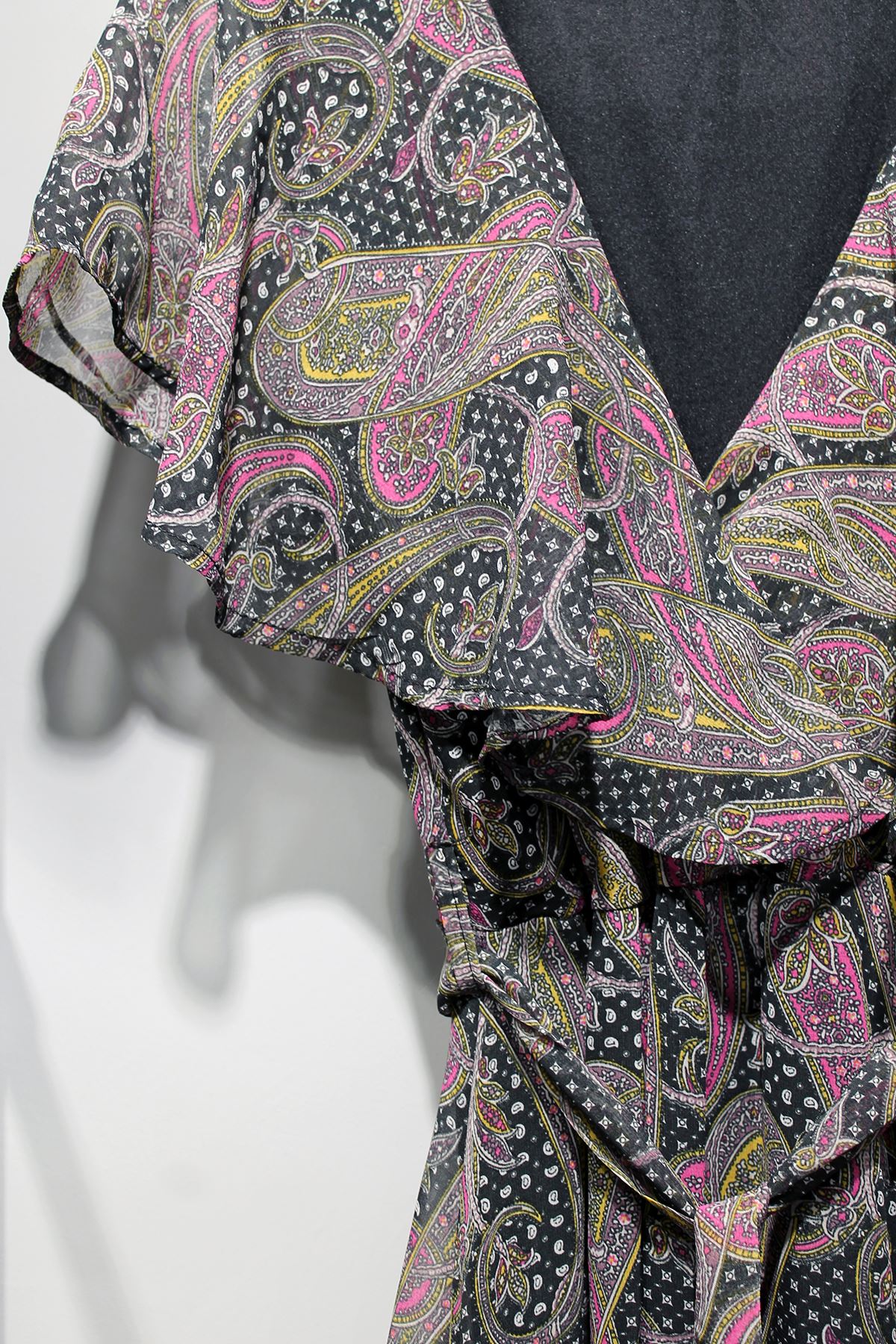Chiffon Fabric Long Sleeve V-Neck A Cut Scarf Print Women Dress - Anthracite 
