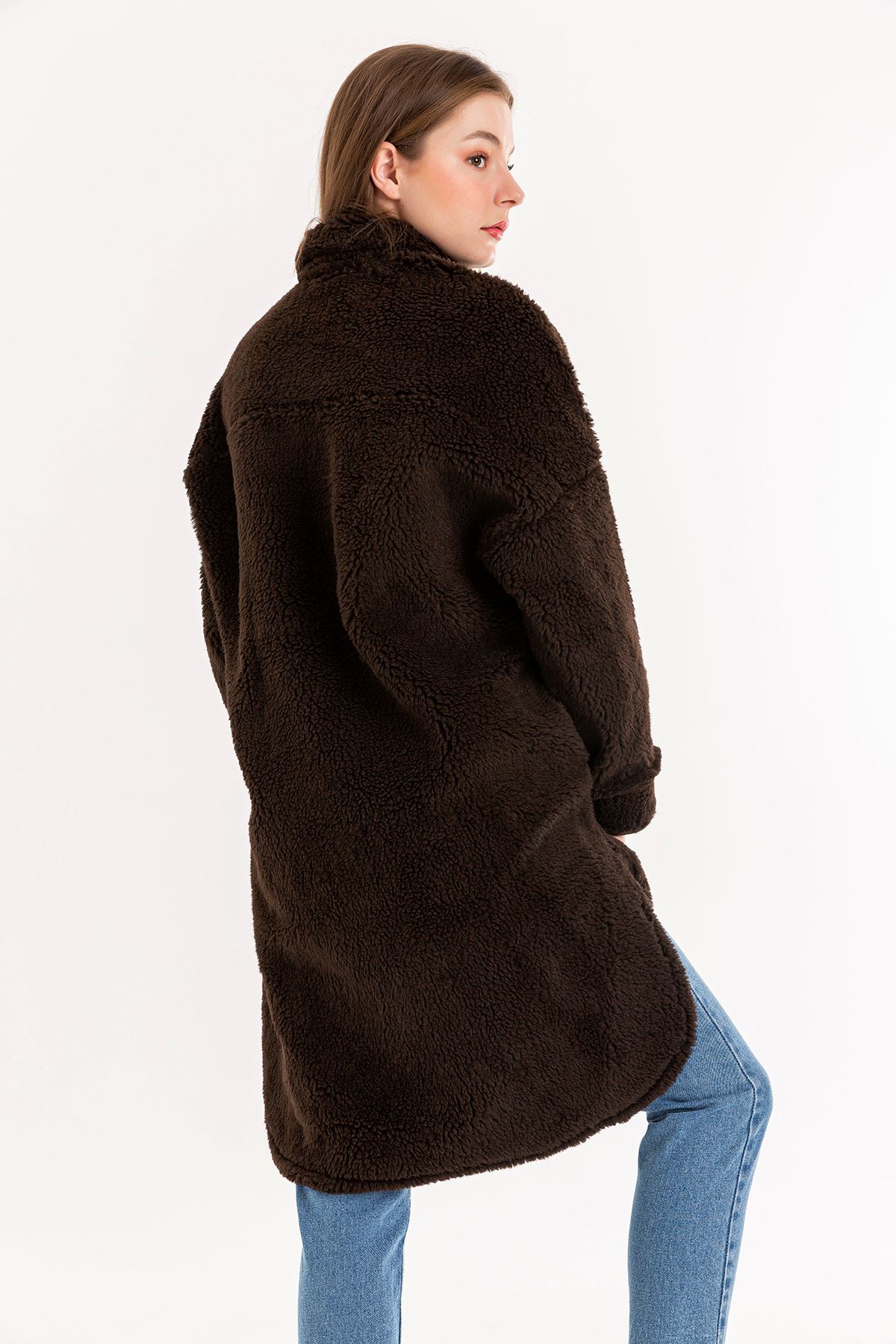 Teddy Fabric Long Sleeve Rever Collar Hip Height Oversize Women'S Coat - Brown