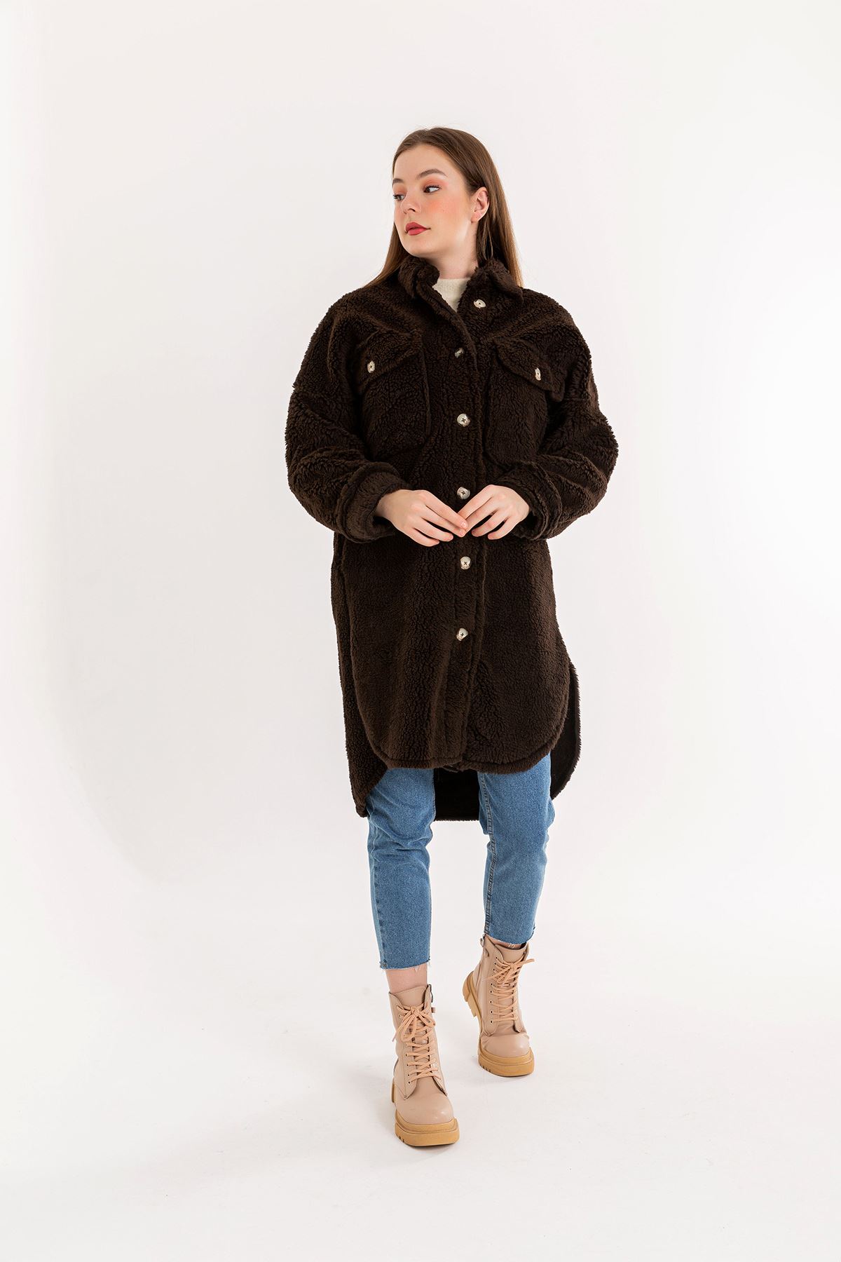 Teddy Fabric Long Sleeve Rever Collar Hip Height Oversize Women'S Coat - Brown