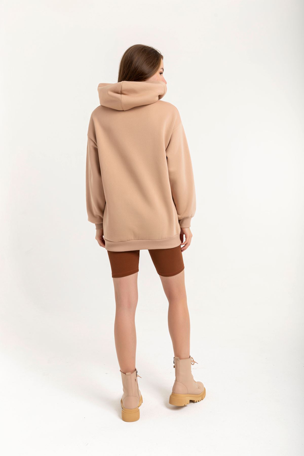 Jesica Fabric Long Sleeve Hooded Oversize Zip Women Sweatshirt - Beige 