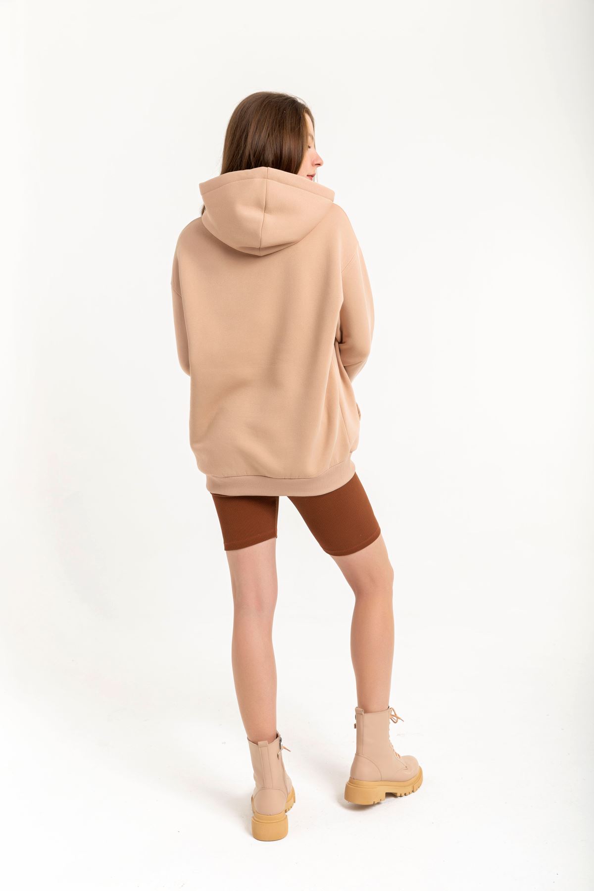 Jesica Fabric Long Sleeve Hooded Oversize Zip Women Sweatshirt - Beige 